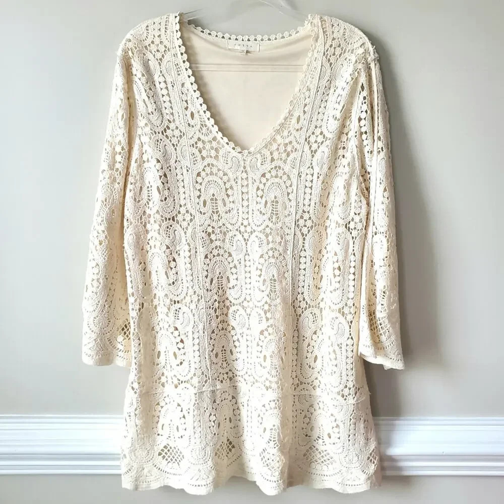 Ivory Crochet Lace Lined Tunic Top Size 3XL Boho Chic Romantic Feminine Hippie