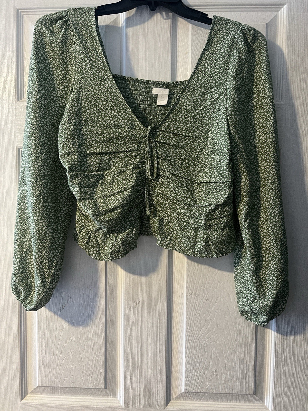 Green White Floral Smocked Ruffle Cropped Square Neck Long Sleeve Tie Blouse