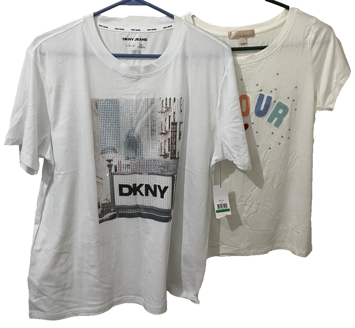 DKNY Jeans Studded Women NYC Graphic Tee L White plus Extra Tee LG ‘Amore’ NEWWT