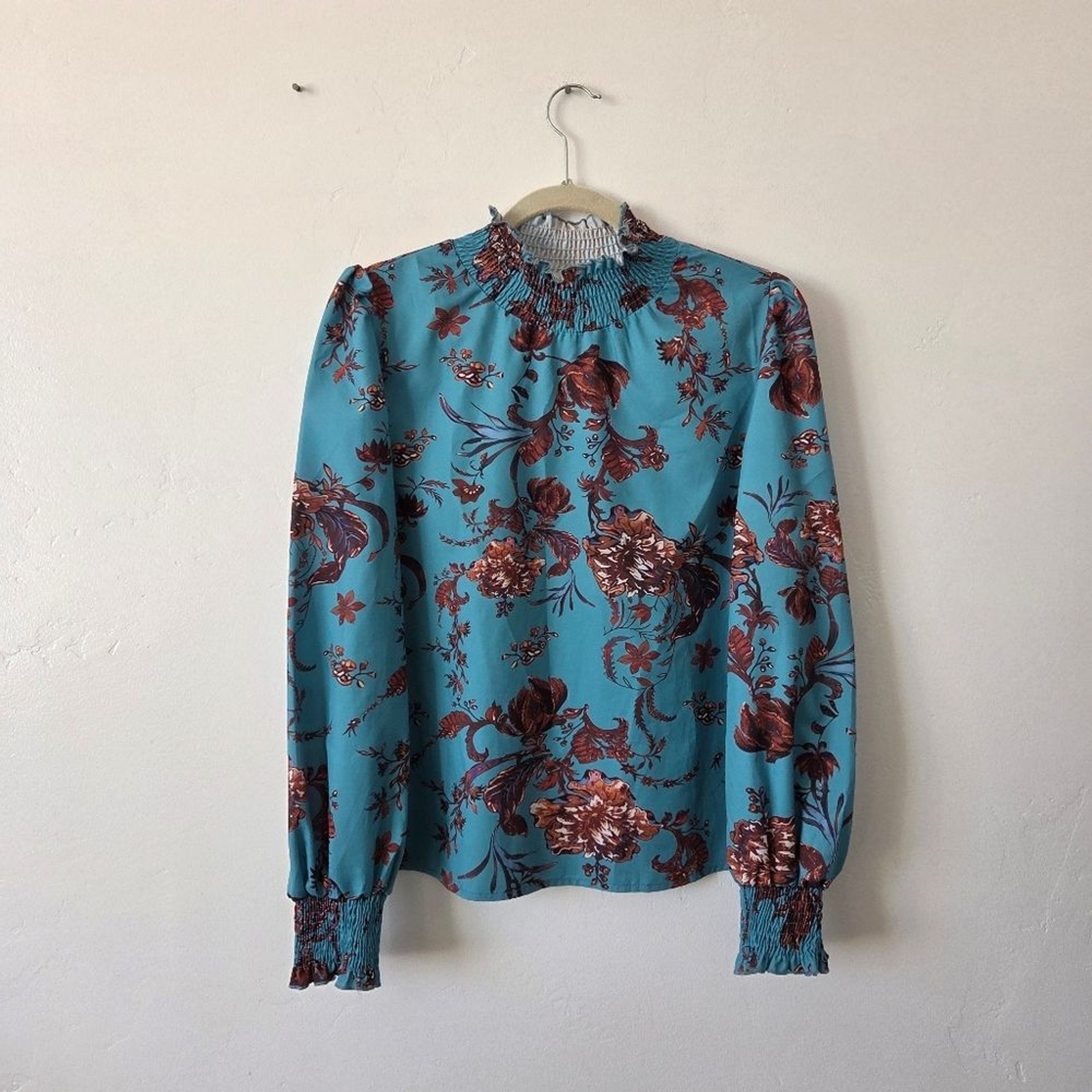 Blue Floral Blouse Top Smocked Ruched High Neck Boho Indie Gypsy Modest Medium