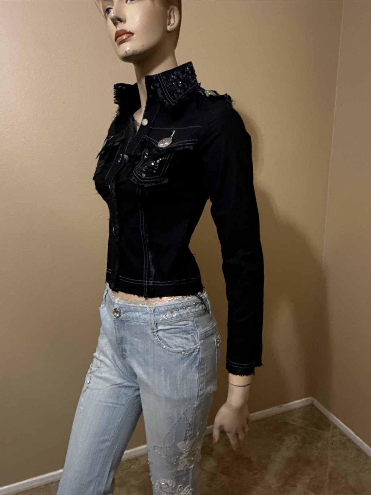 Women’s Black Rayon Casual Stretch Slim Beads Collar Size L Button-up Blouse Top