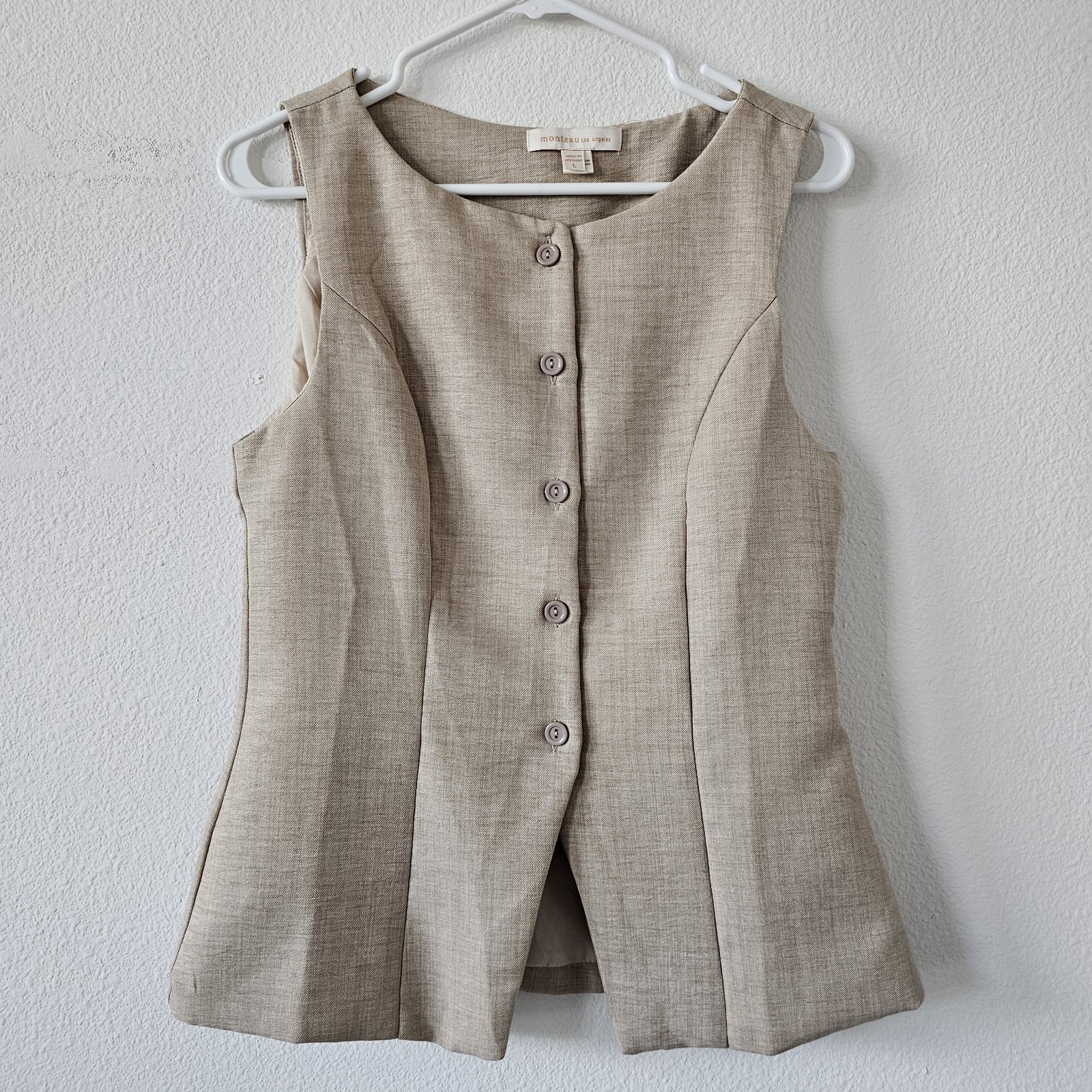 Monteau Los Angeles Womens Sleeveless Button Front Top Beige L Lined Office Wear
