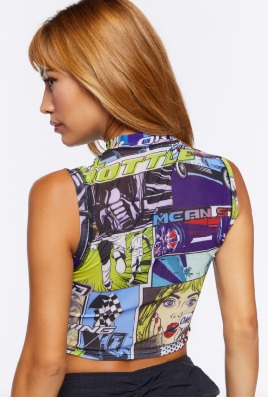 Comic Book Graphic Print Mesh Crop Top Shirt woman’s MEDIUM 80s 90s Y2K street