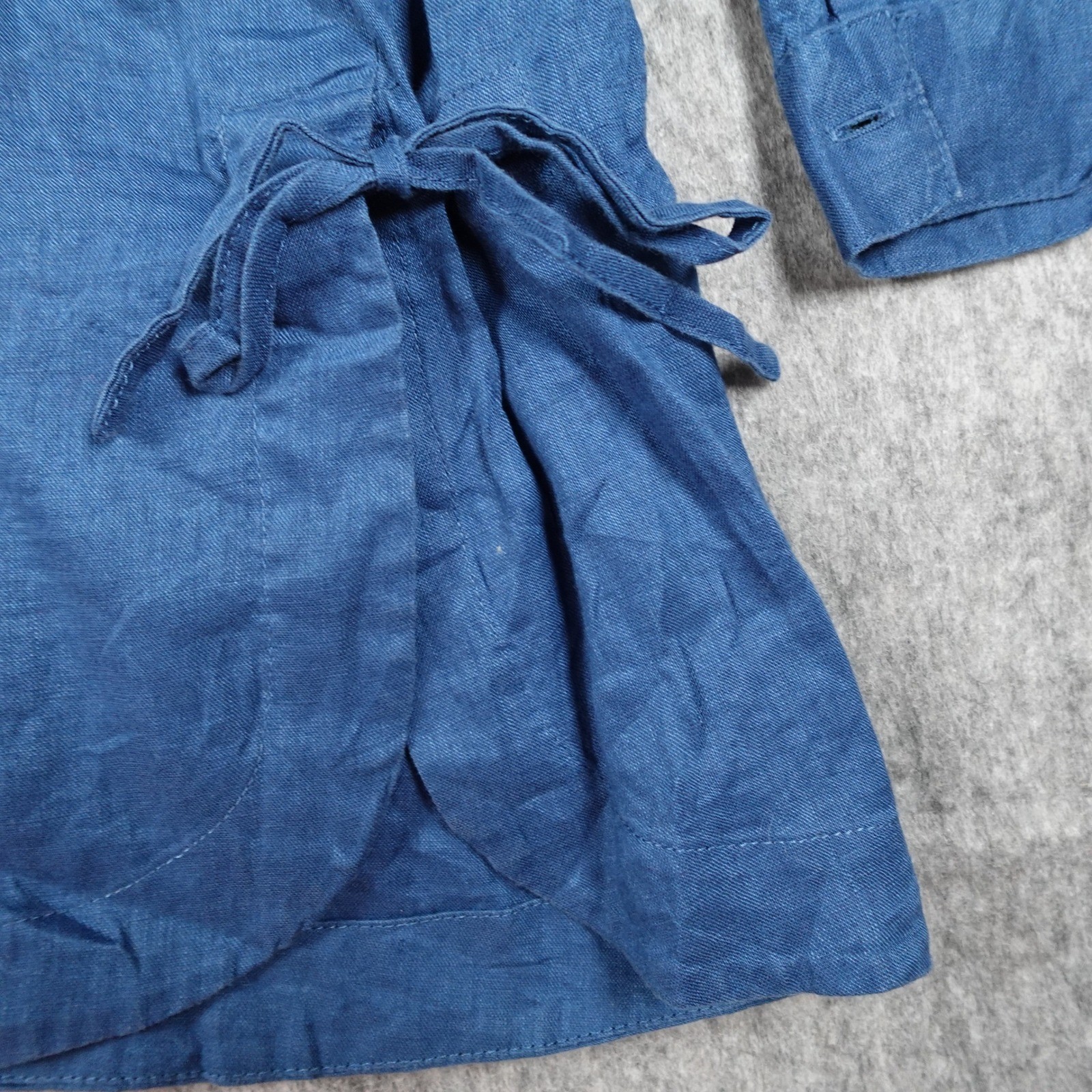 J Jill Top Womens Medium Petite Blue Love Linen Button Down Side Tie Lagenlook