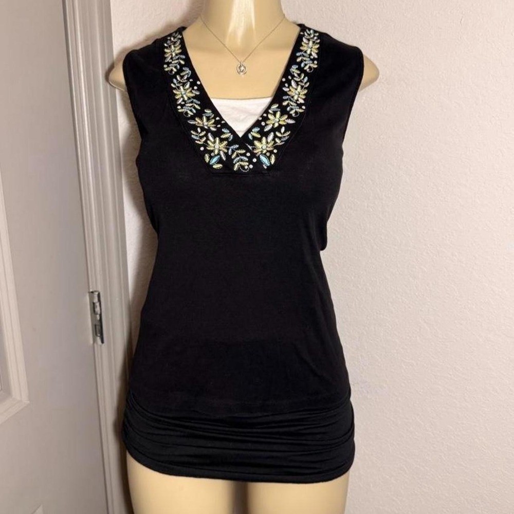 Karen Scott black cotton tank top with white neckline layer