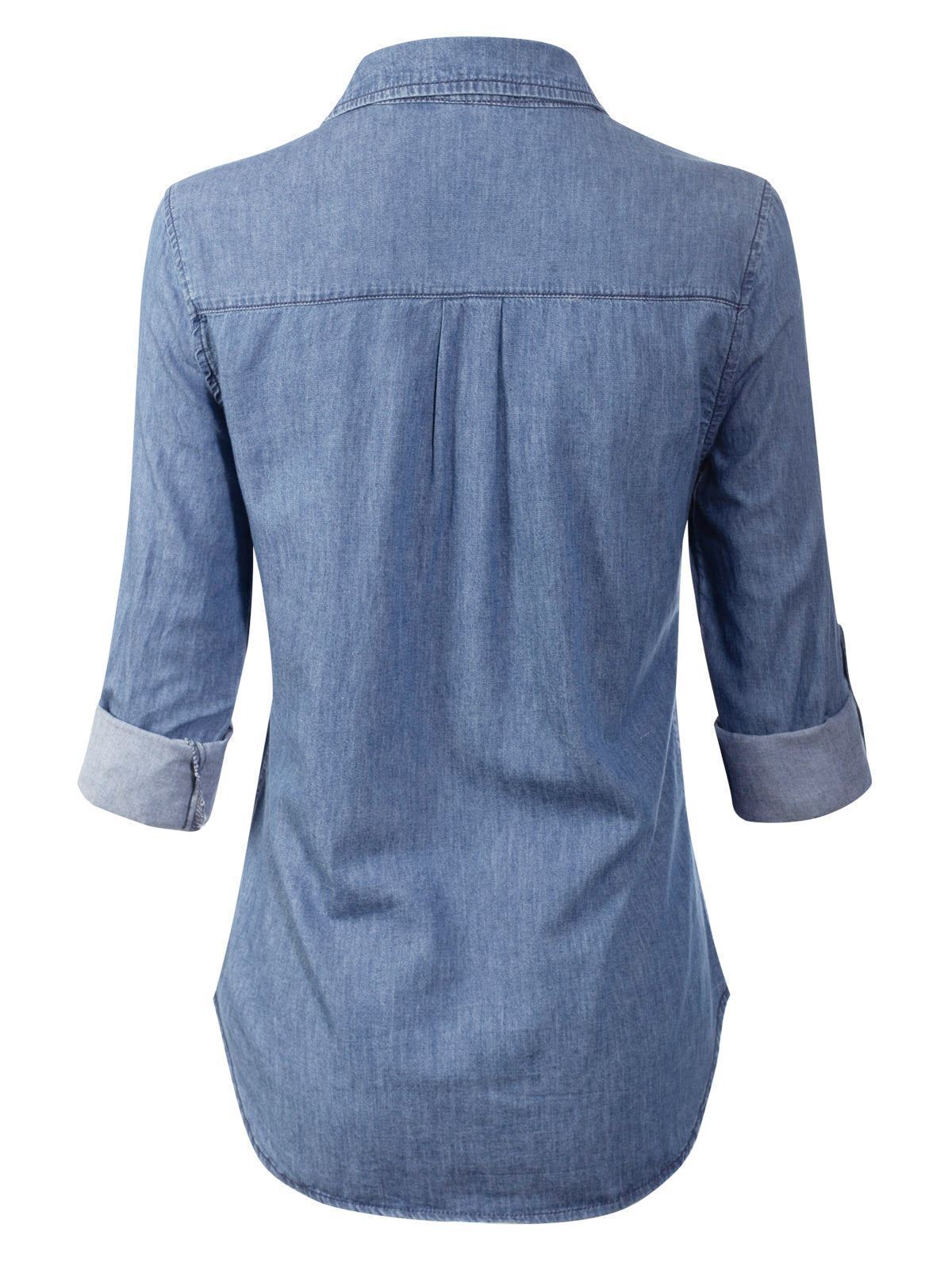 MixMatchy Basic Classic Roll up Sleeve Button Down Chambray Denim Shirt