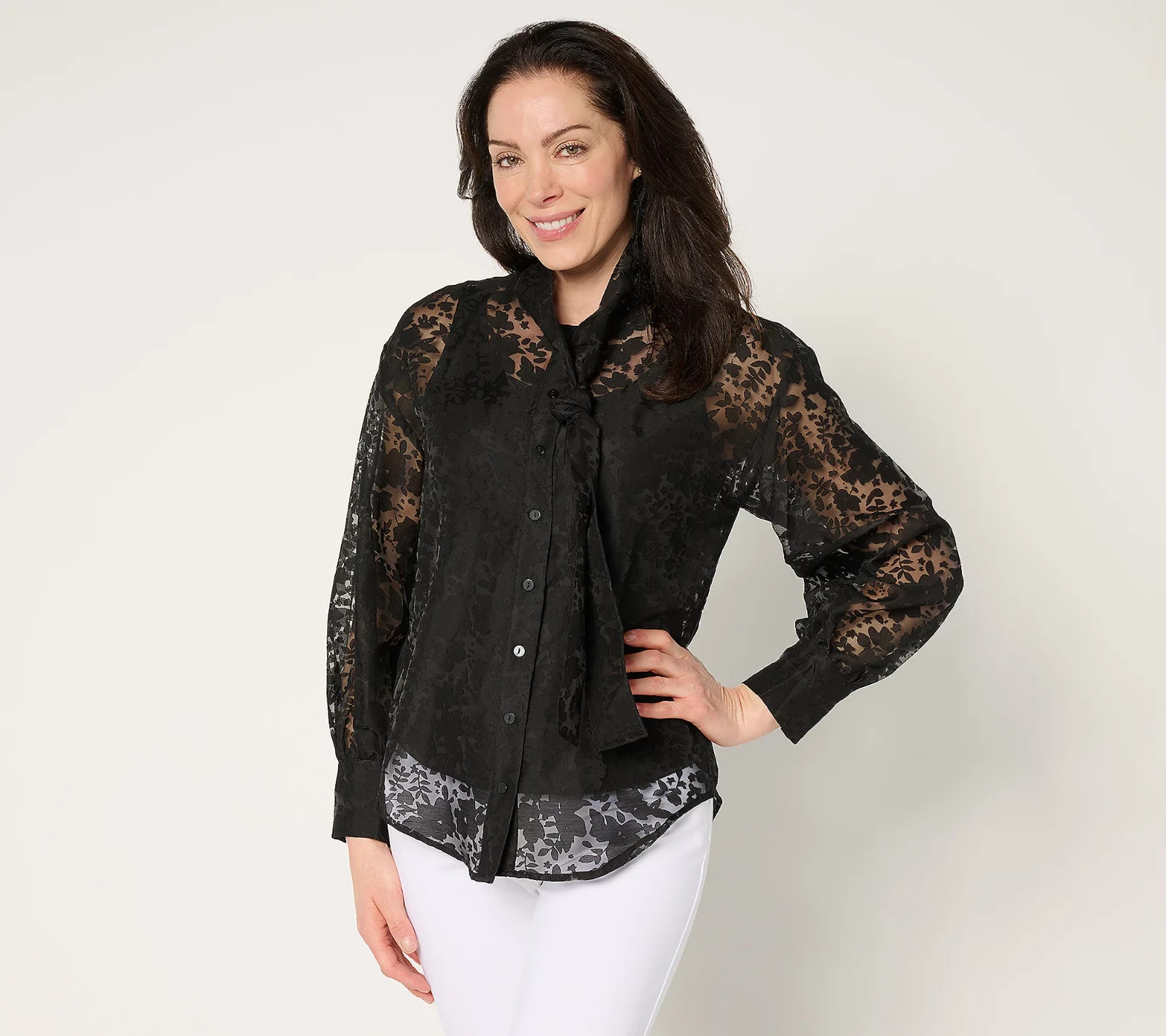 by Stacy London Floral Organza Bow Tie Blouse with Knit Tank Size XL