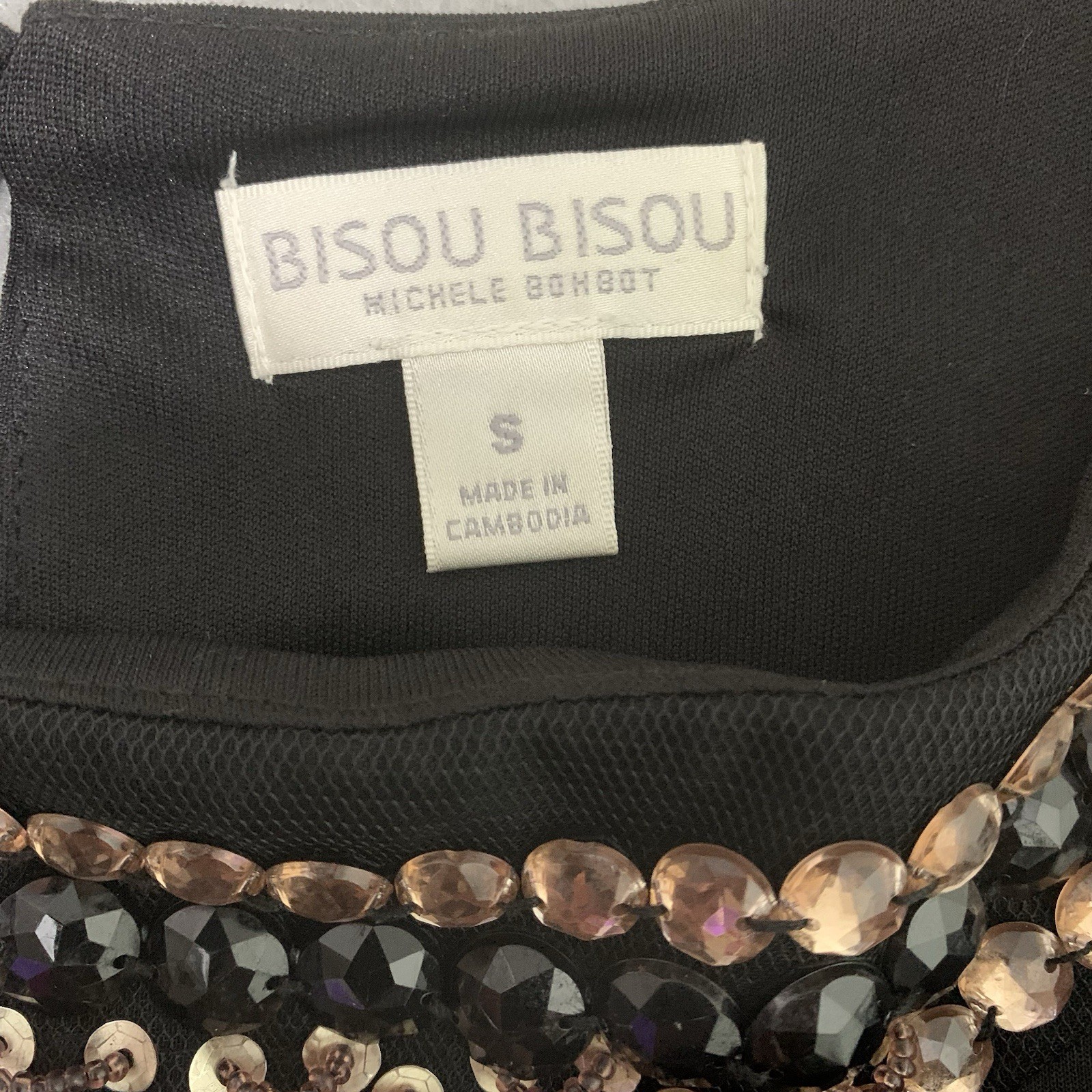 Bisou Bisou Black Peplum Top Size S Embellished Beads Neckline Sleeveless