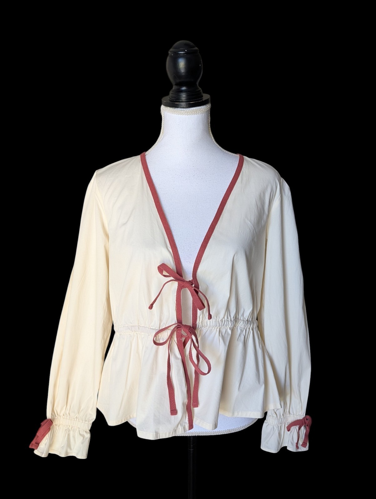 Spartina 449 Joni Tie Front Blouse Buttercream Ivory Size Medium Long Sleeve