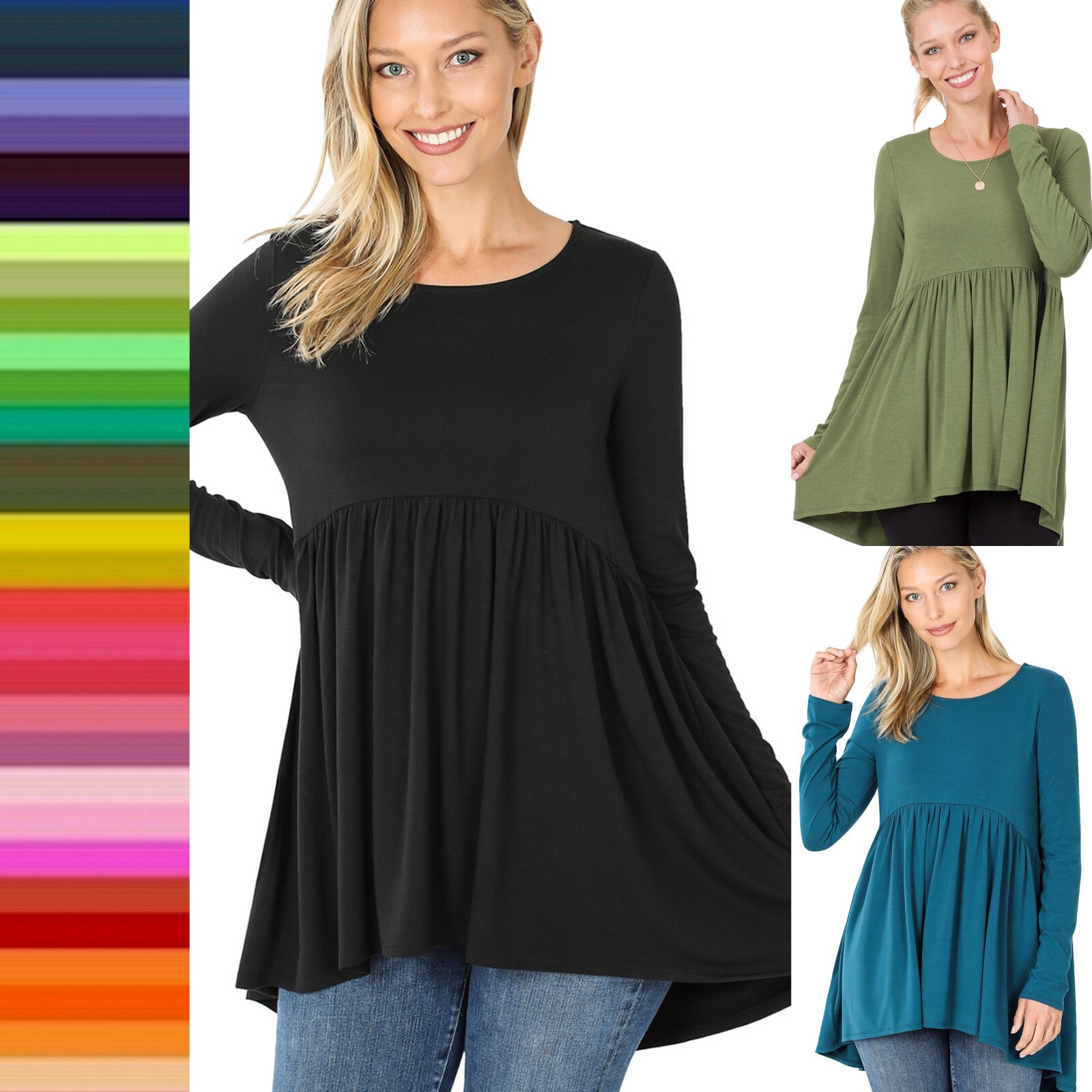 Women’s Round Neck 3/4 Sleeve or Long Sleeve Shirring Empire Waist Baby Doll Top