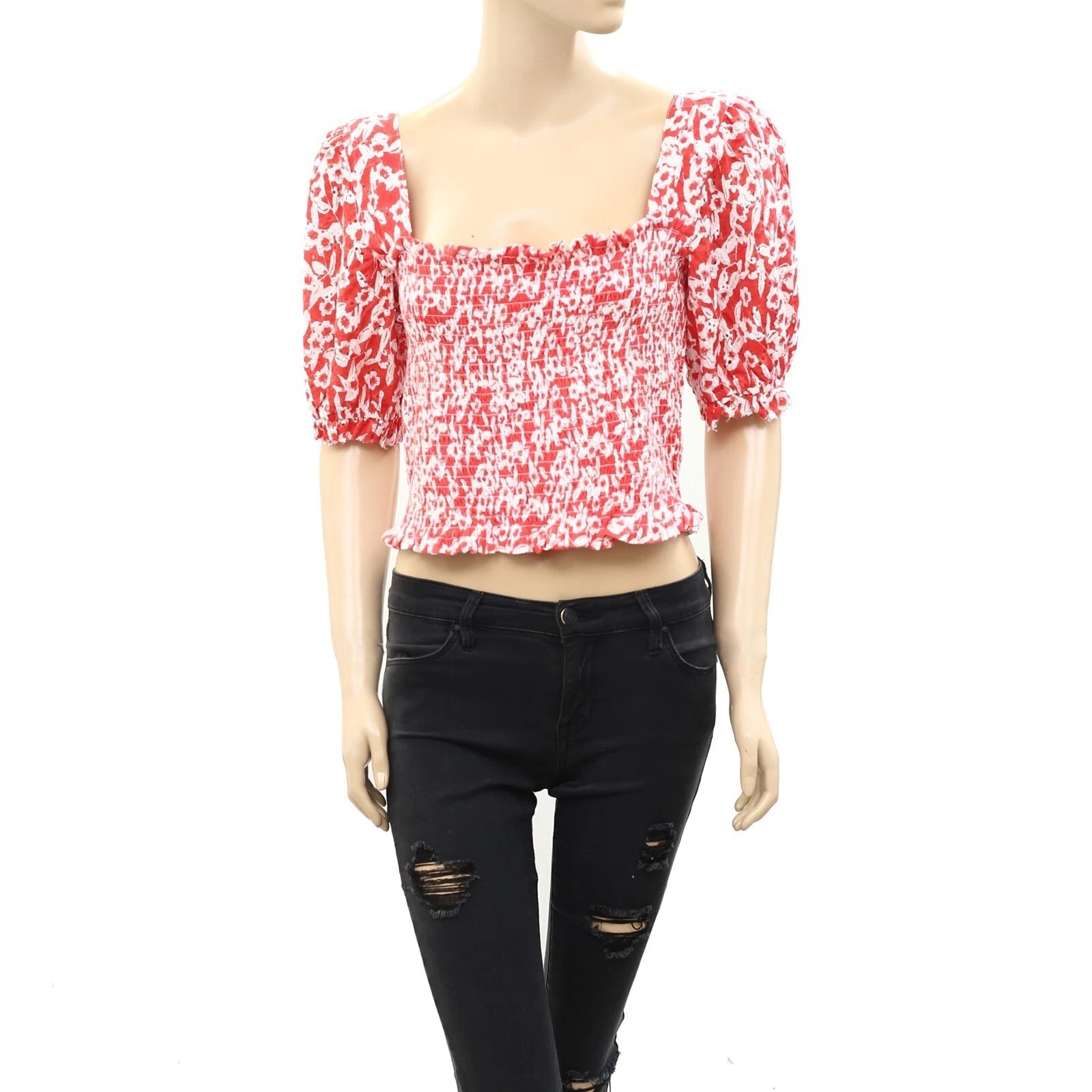 Anthropologie Smocked Eyelet Cropped Blouse Top Floral Embroidered XXS