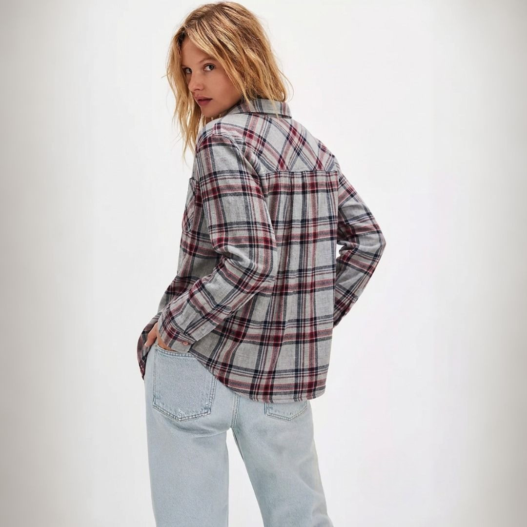 New Look Plaid Flannel Button Up Shirt Women’s US 12 Gray Red Blue Black 3800851