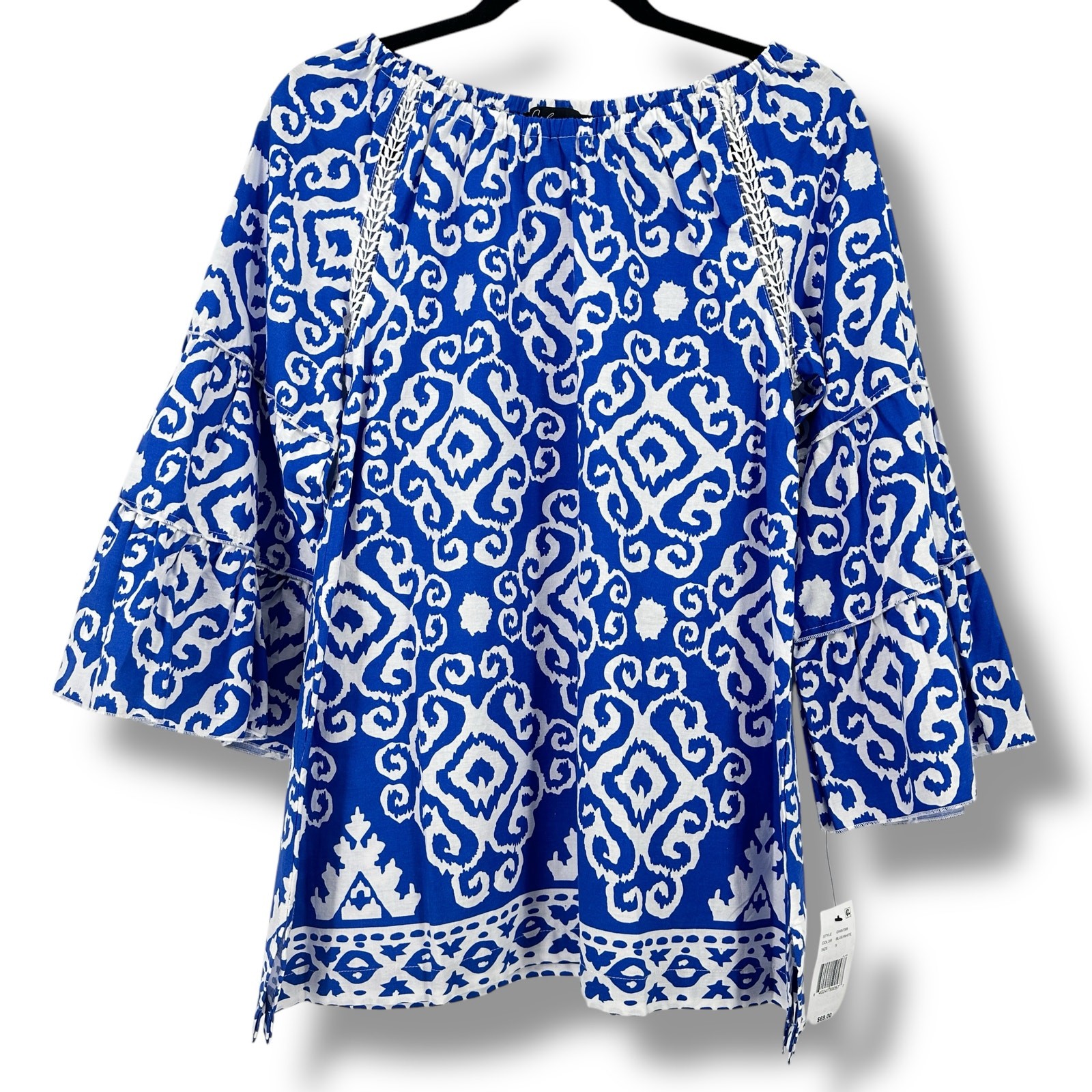Calessa Blue Abstract Ikat Print 3/4 Tiered Sleeve Tunic Shirt Womens Size Large