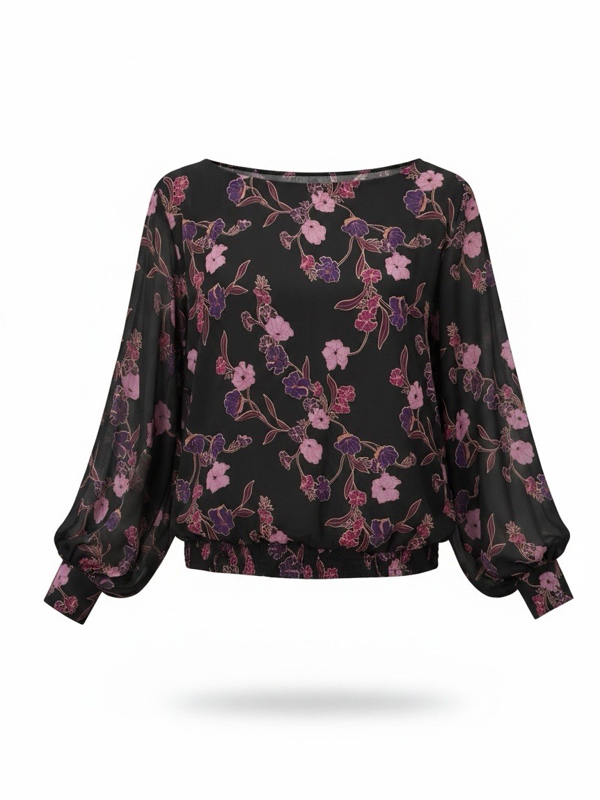Autres Filles Black Floral Print FlowyLong Sleeve Blouse L/XL