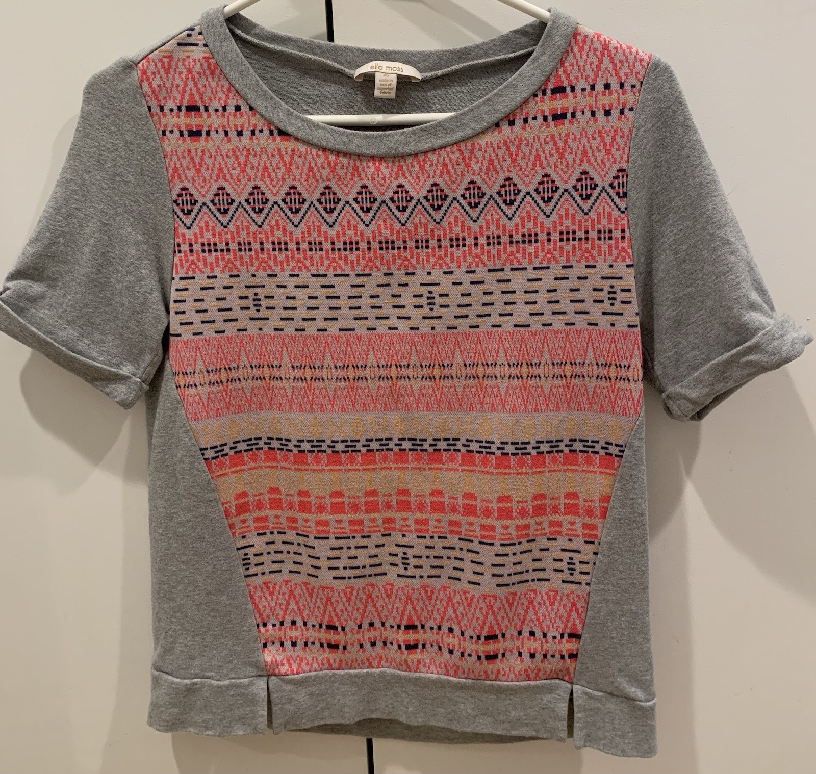 Ella Moss Anthropologie Top XS Short Sleeve Sweatshirt Gray Print Scoop Neck EUC