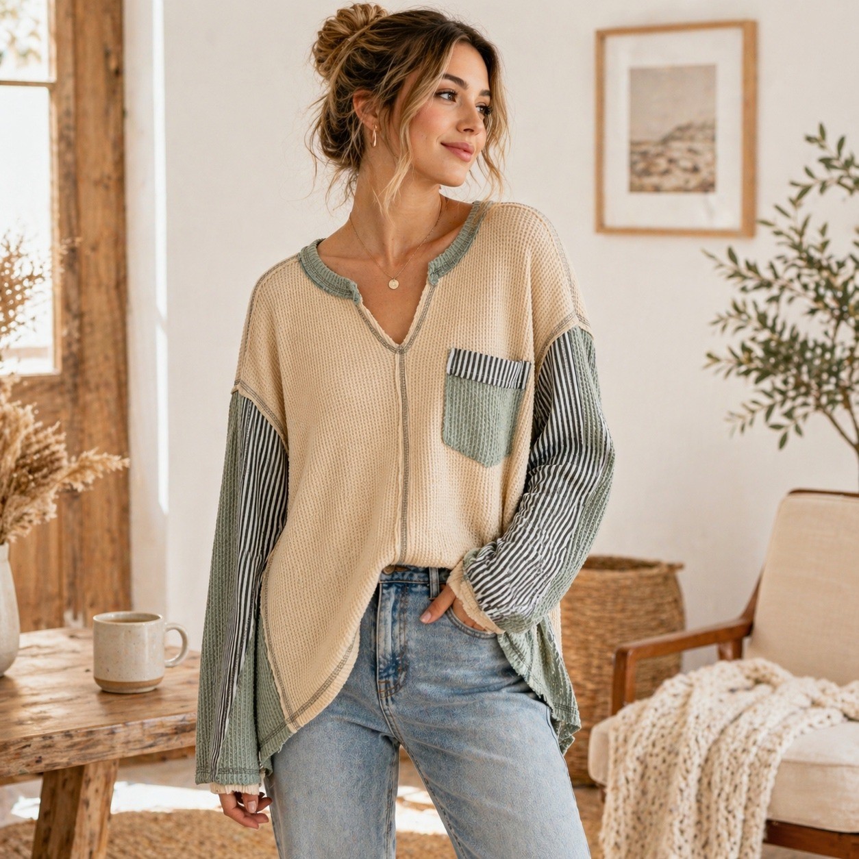 POL Waffle Knit Top Medium Boho Colorblock Patchwork Slouchy Relaxed Oversized