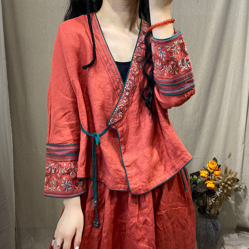 Women Chinese Style Embroidery Cardigan Shirts Casual Linen Lace Up Vintage