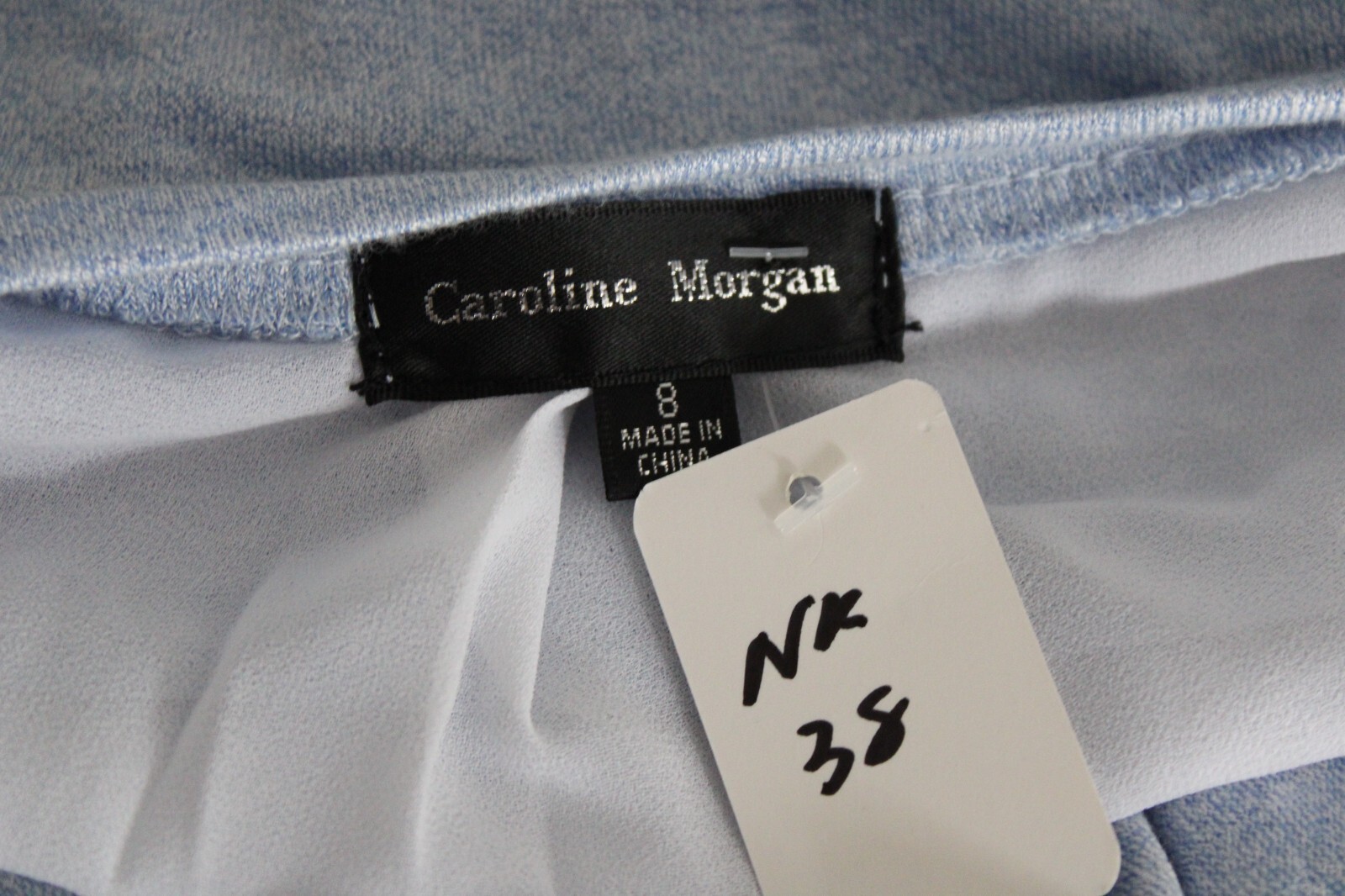 NK 38) SIZE 8 CAROLINE MORGAN BLUE WHITE KNIT CHIFFON CONTRAST SHORT SLEEVE TOP