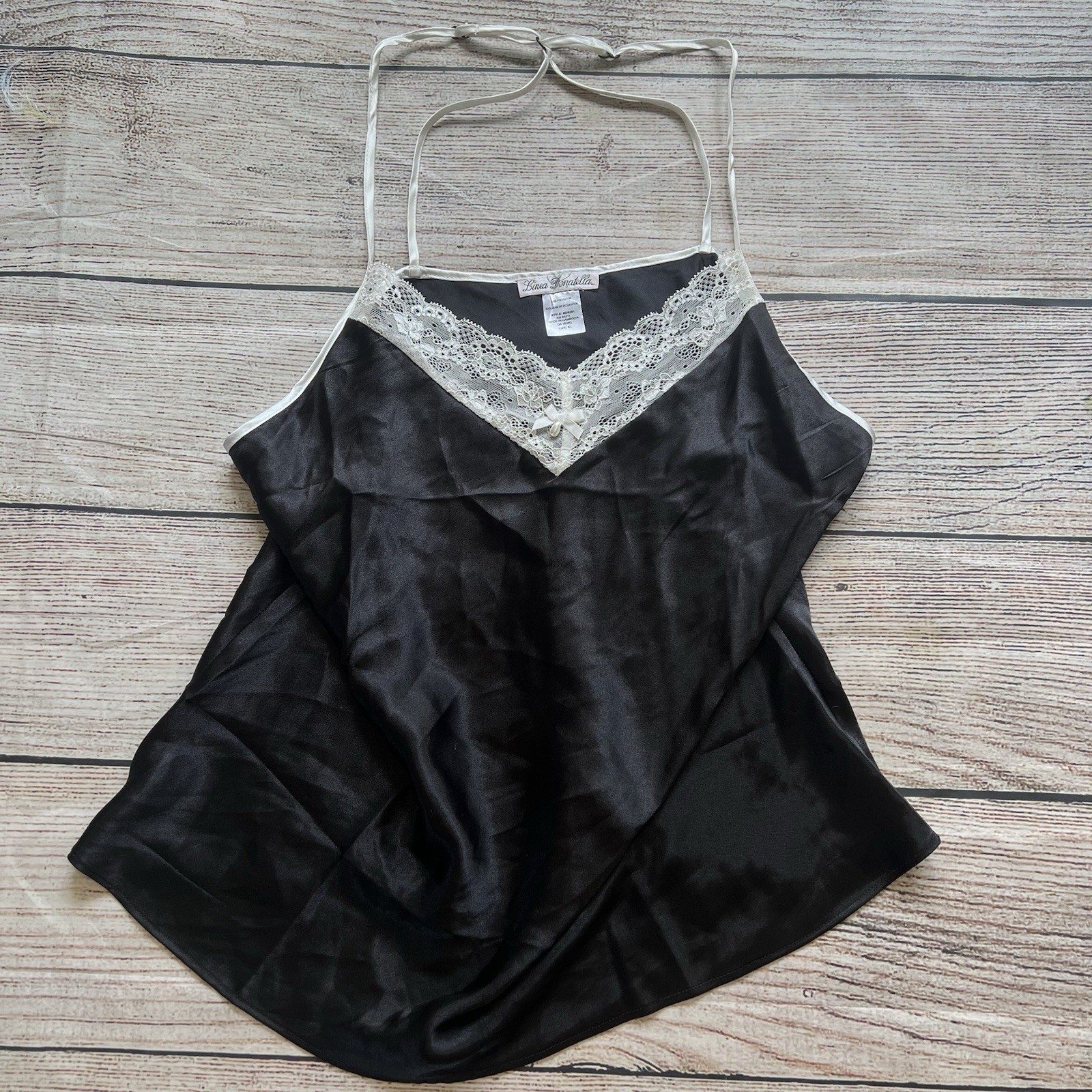 Linea Donatella Satin Lace Babydoll Top Black Camisole Womens XL Pearls Fairy