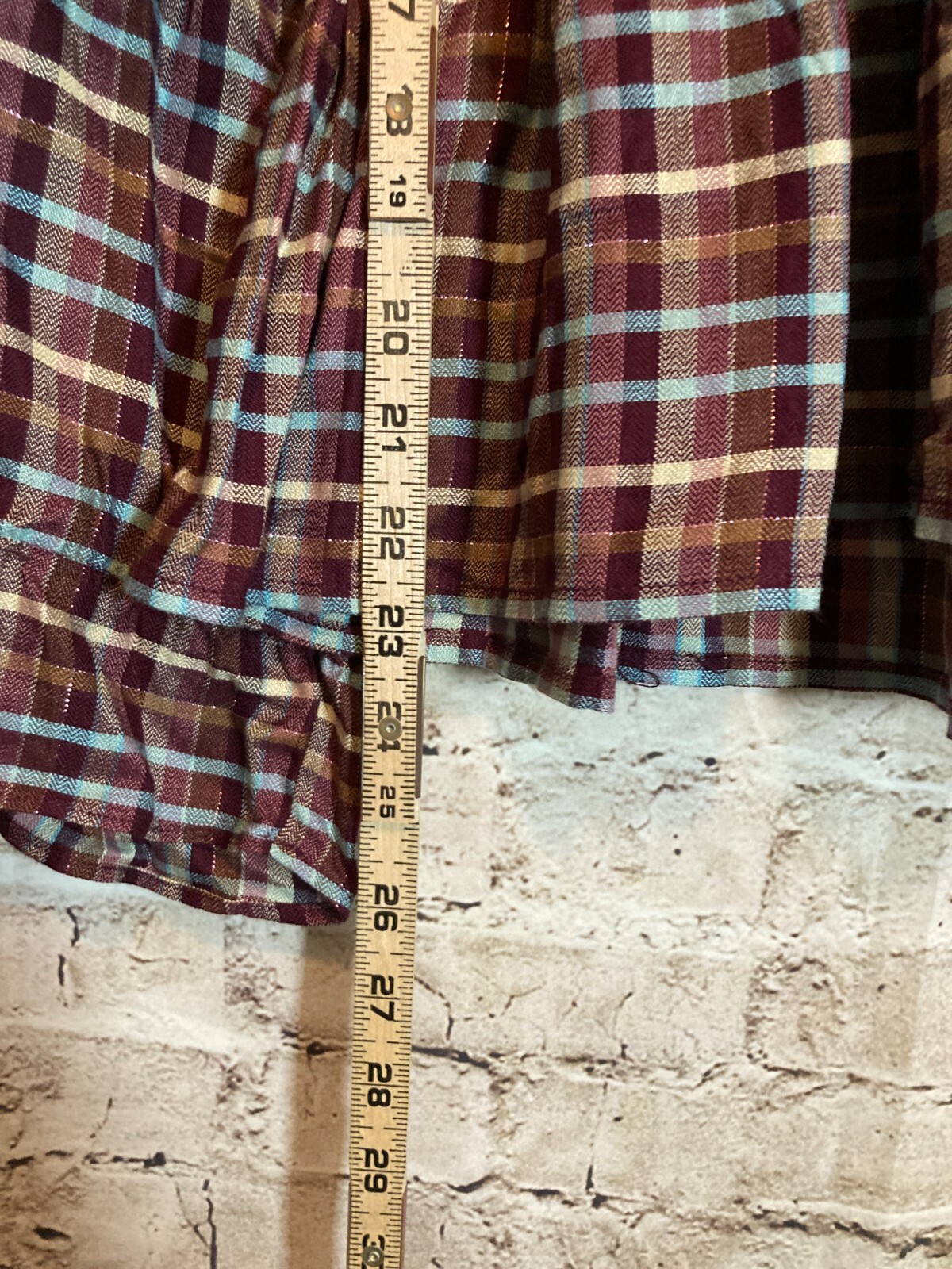 Cato Babydoll Top Womens Medium Maroon Red Plaid Smocked Flared Sleeve Flowy