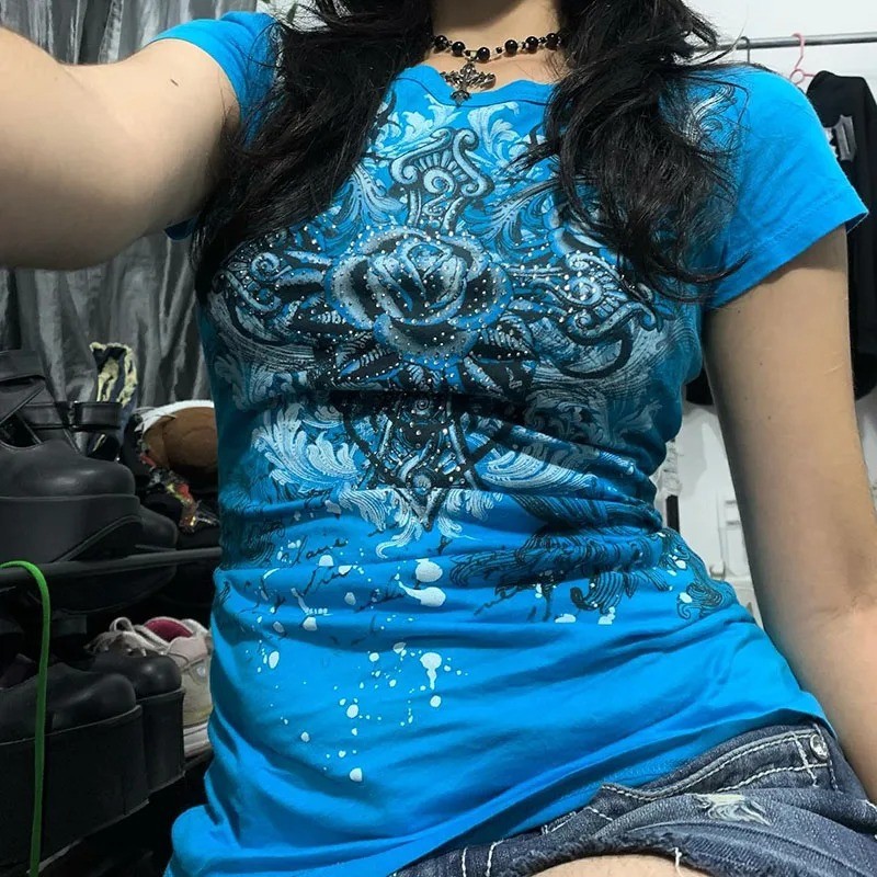 Women’s Y2k Grunge T-Shirts 2000s Vinage Rhinestone Print Heart Rose T-Shirt
