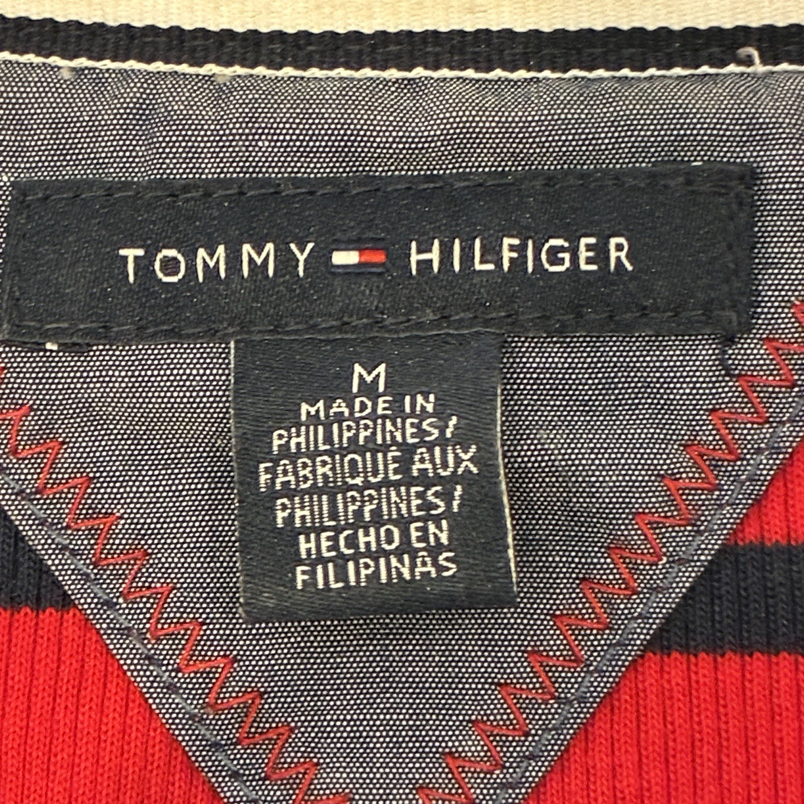 VTG Y2K Tommy Hilfiger Striped Johnny Collar Polo Shirt M Red 3/4 Sleeve Preppy