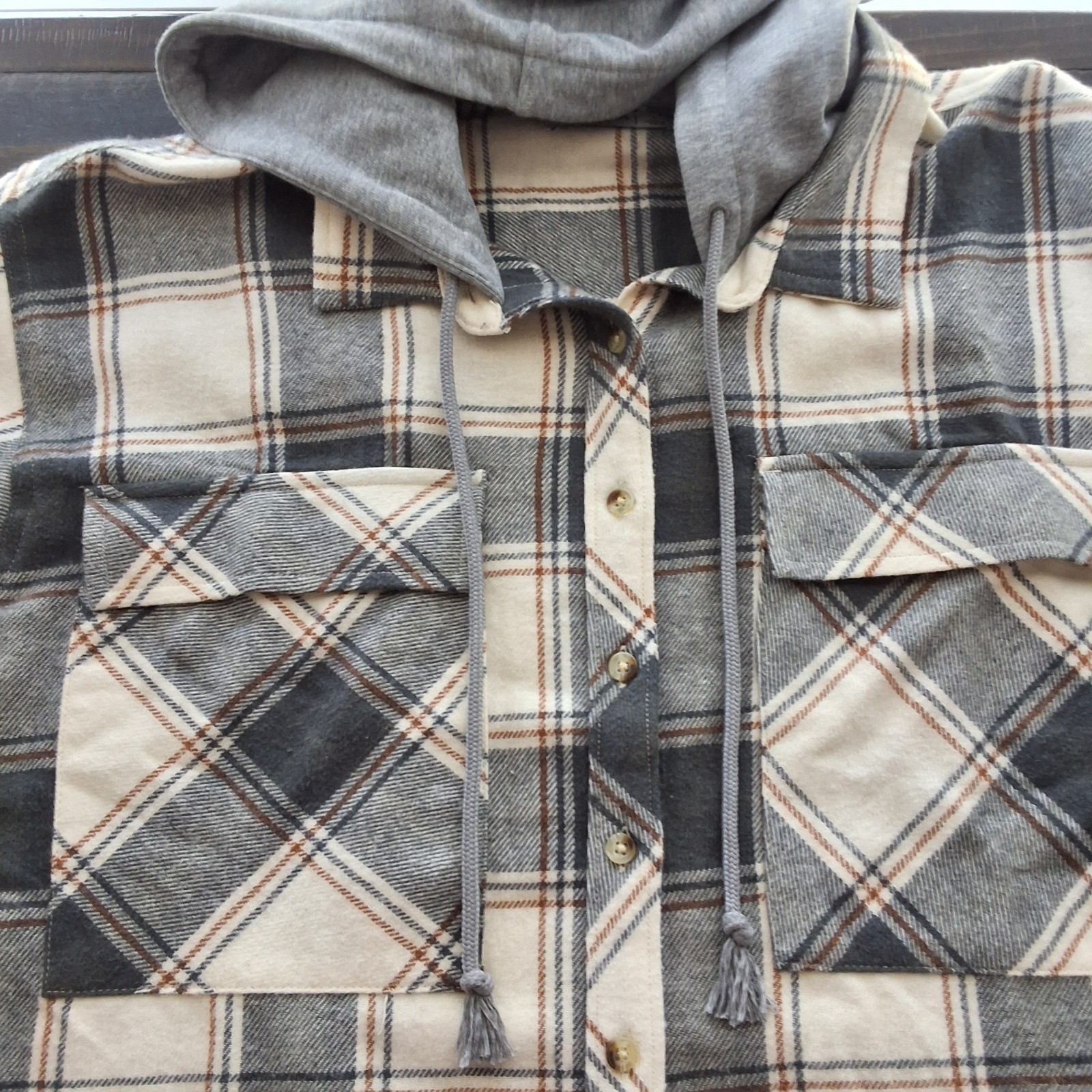 Arizona Womens Oversized Gray/Cream/Brown Flannel Shirt Contrast Hoodie Sz L/X.L