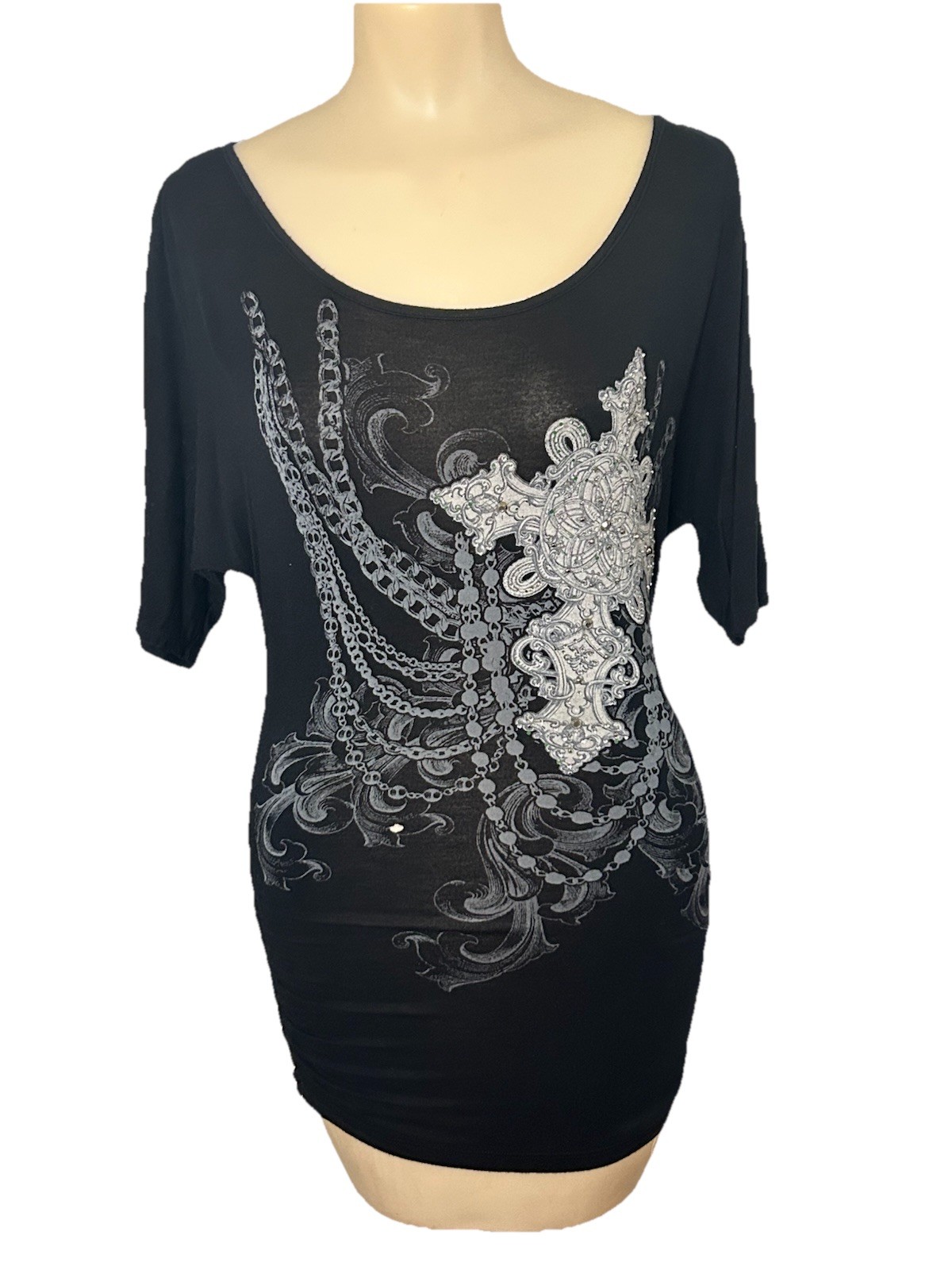 Vtg Wet Seal Y2K Cross Chains Ruched Goth Rhinestones Mini Dress Tunic Top Sz XS