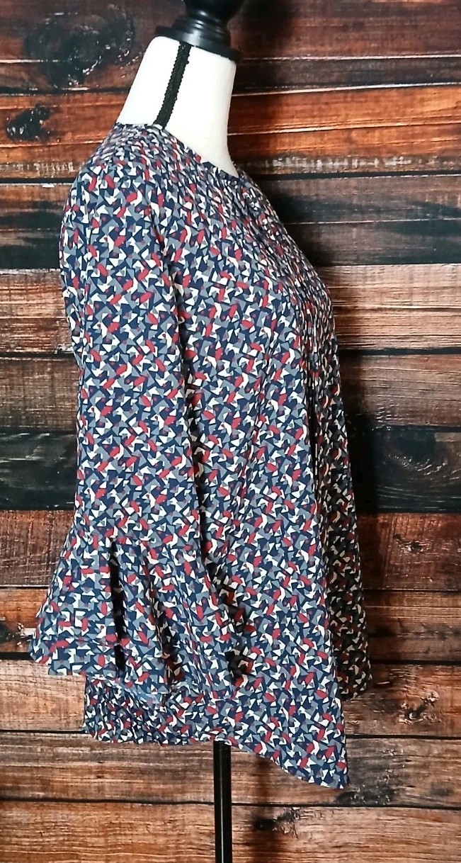 Lauren Ralph Lauren Top Blouse Size M Bell Cuff Tie Front Tunic Geometric