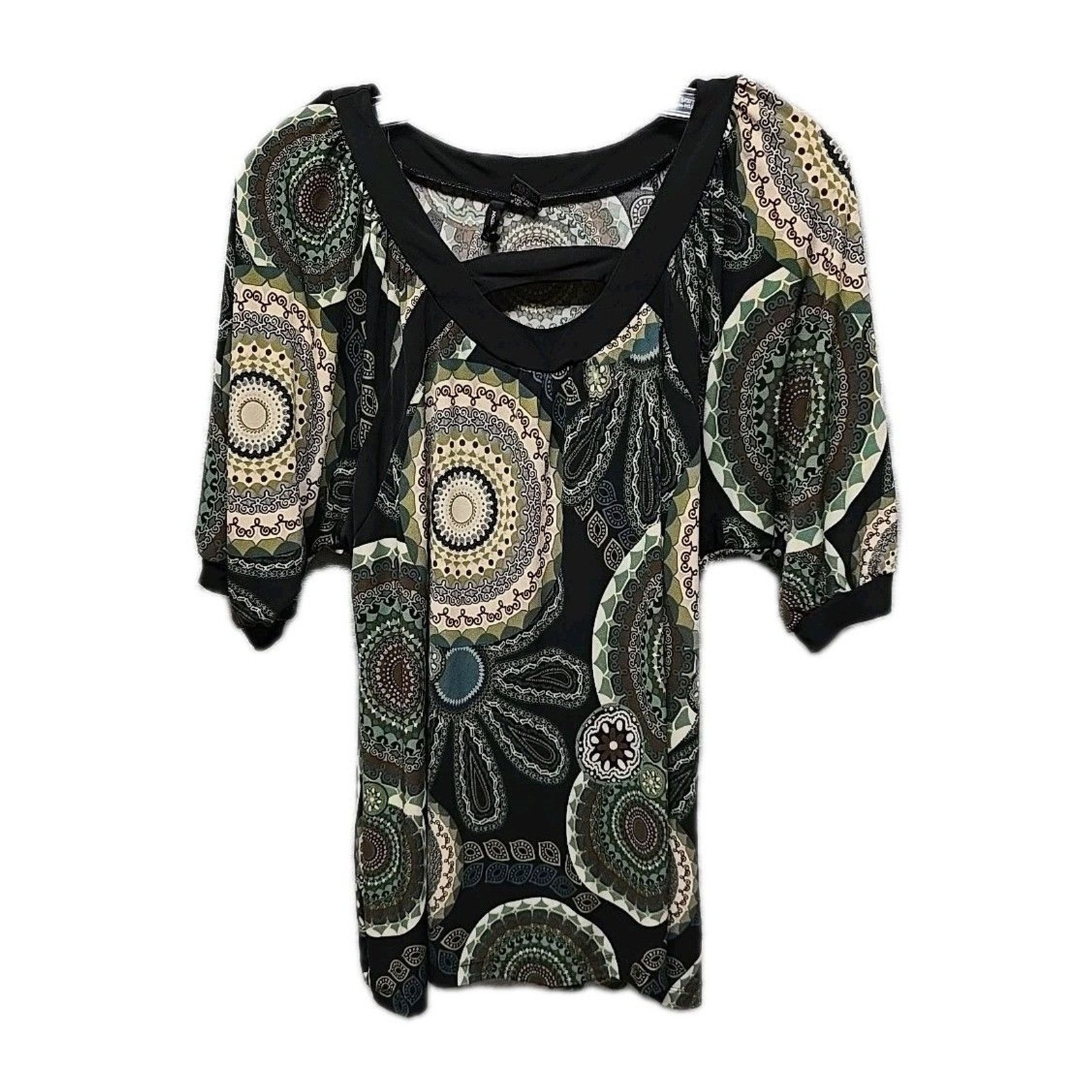 New Directions Womens Top XL Geometric Print Stretch Short Sleeve Black Green