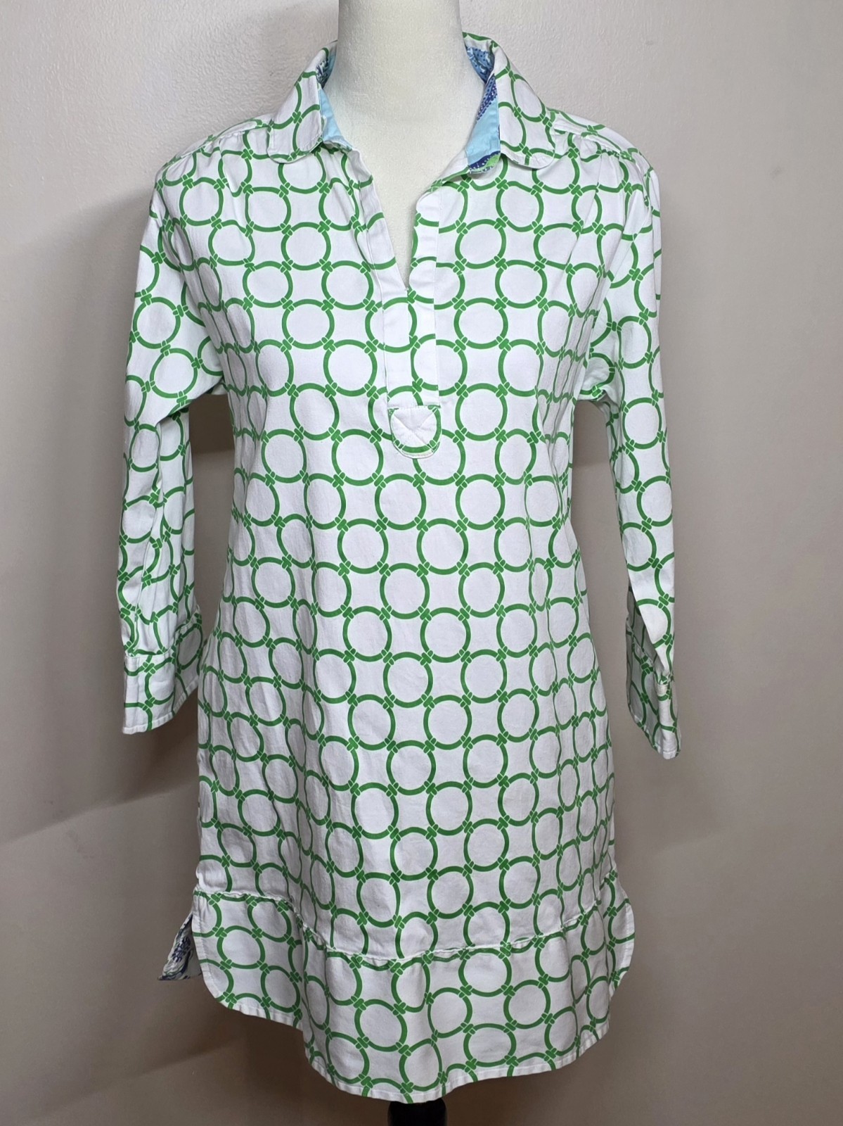 Tizzie Green Geometric Shift Dress Tunic Pockets 3/4 Sleeve Resort Artsy Retro M