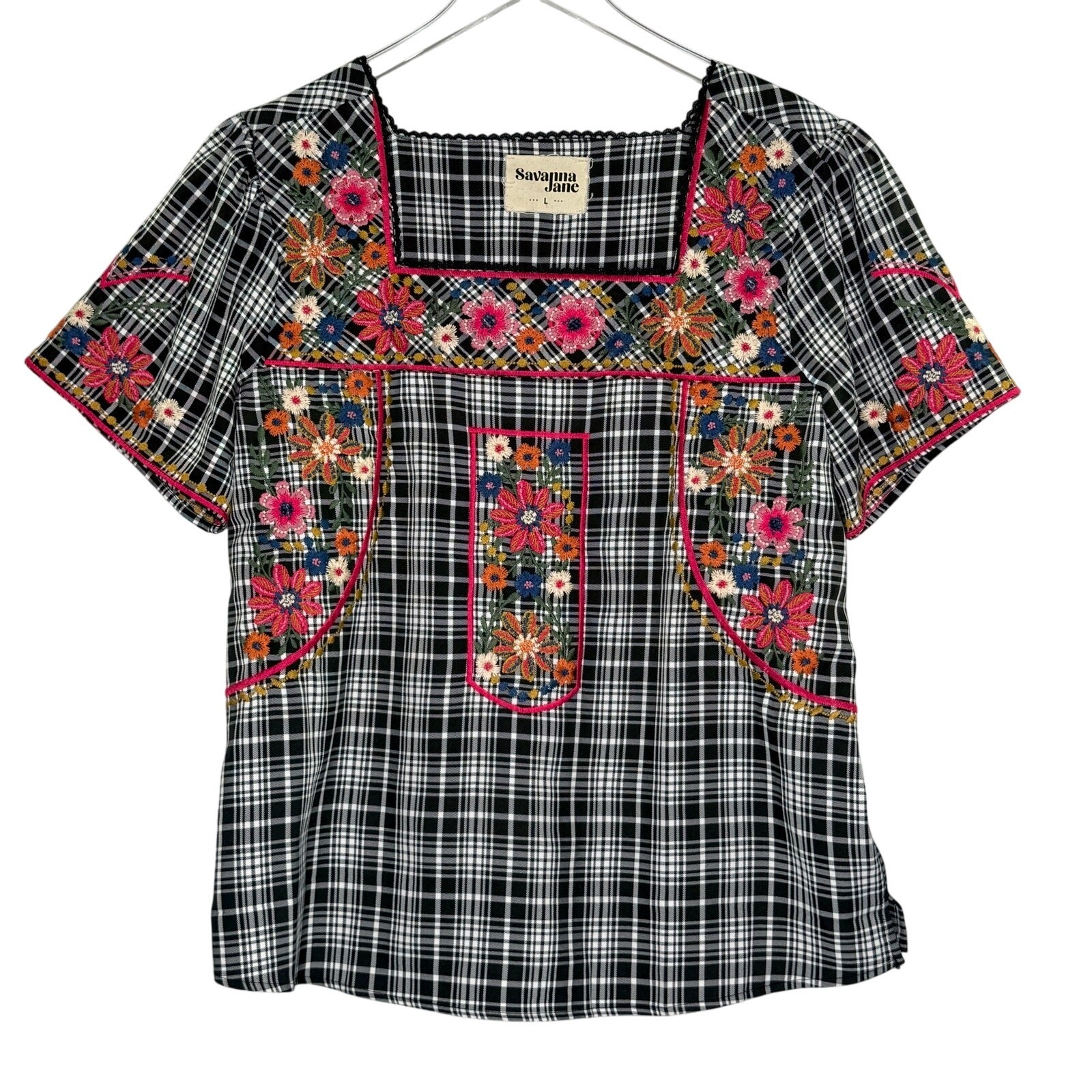 Savanna Jane Black White Plaid Vibrant Pink Floral Embroidery Top L Boho