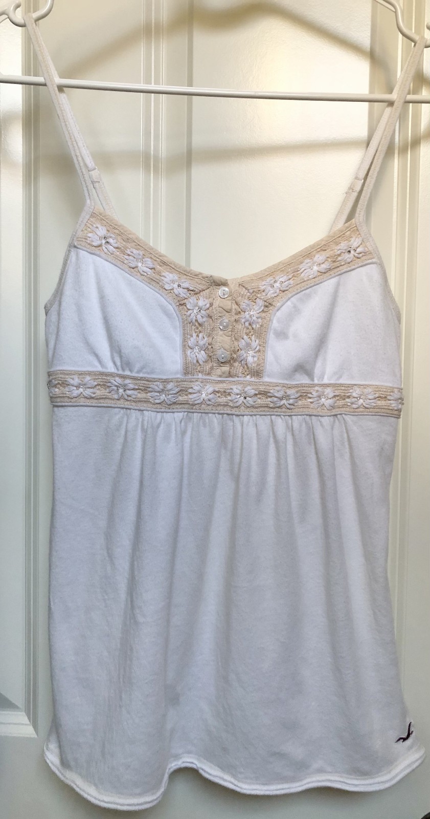 Hollister babydoll top beaded embroidery adjustable straps, cream/beige cami Y2k