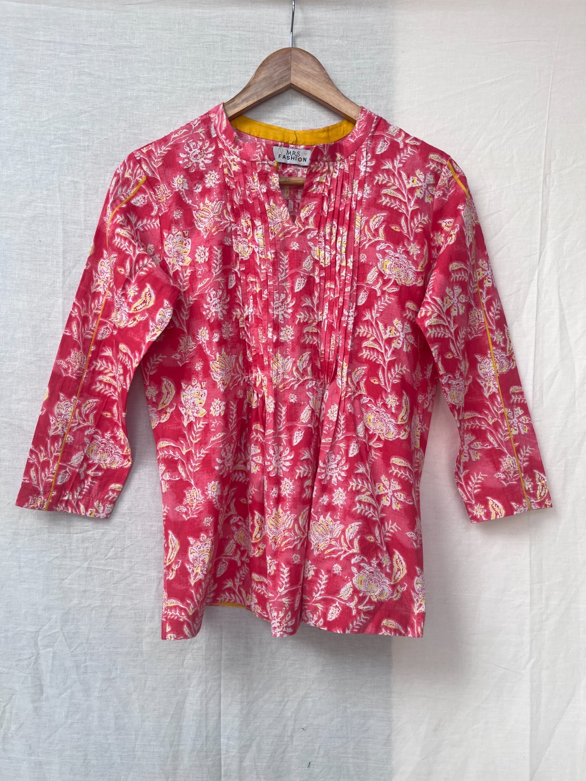 Indian Cotton Tunic Top Women Pink Floral Short Kurti Ethnic Summer Blouse