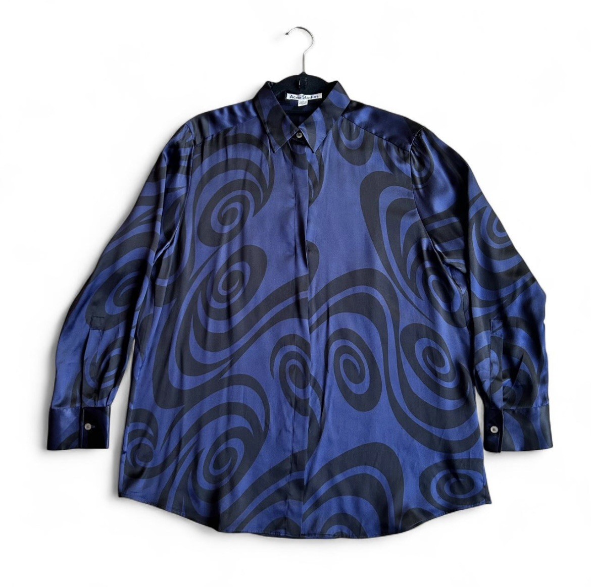 Acne Studios Long Sleeve Button Up Shirt Navy Blue Black Swirl Pattern Size 36