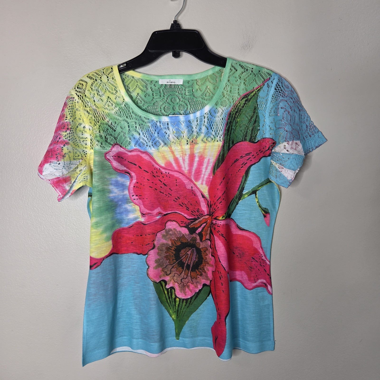 Milano M Lace Colorful Flower Short Sleeve Blouse