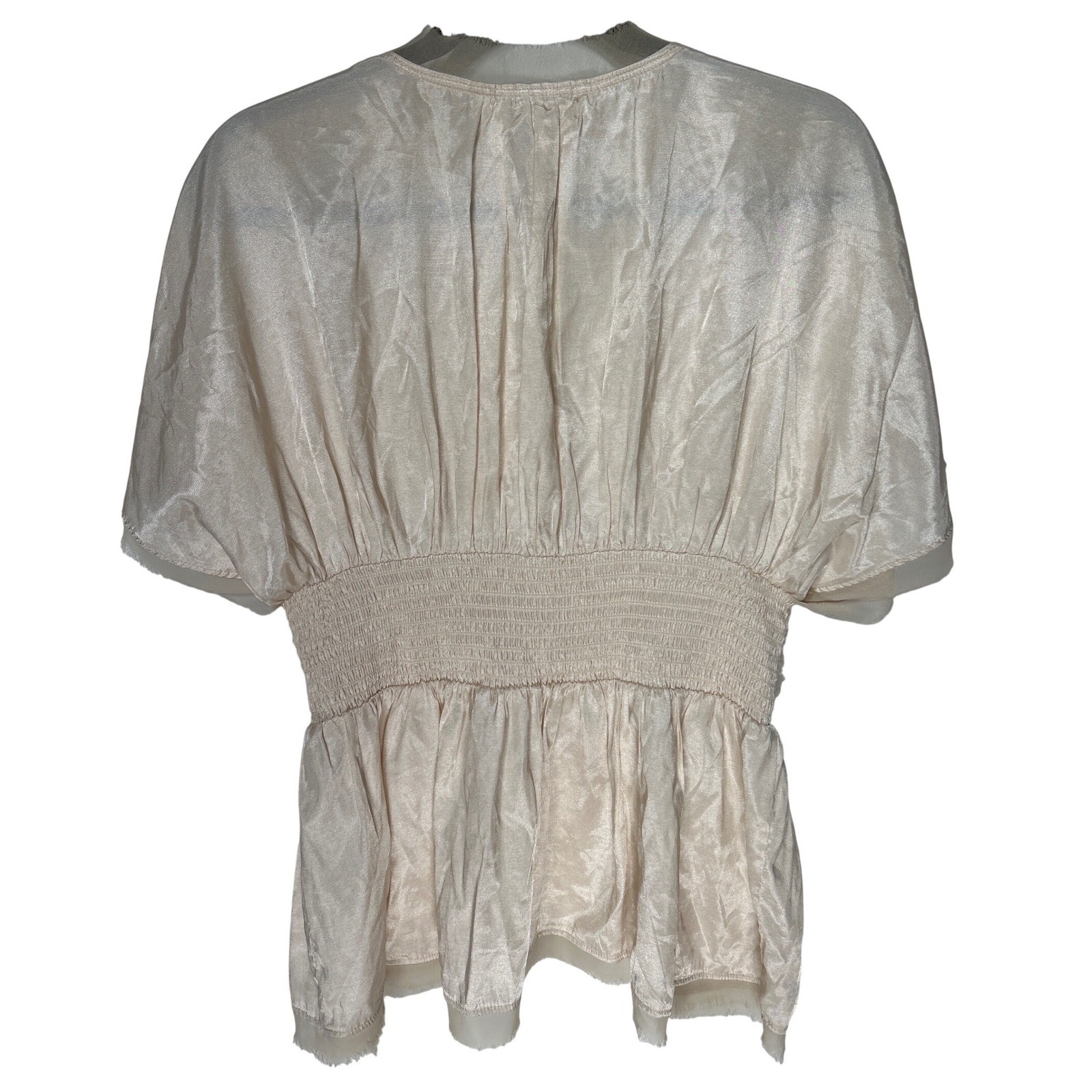 Kariss Champagne Satin V-Neck Rosette Empire Waist Peplum Blouse Size Medium