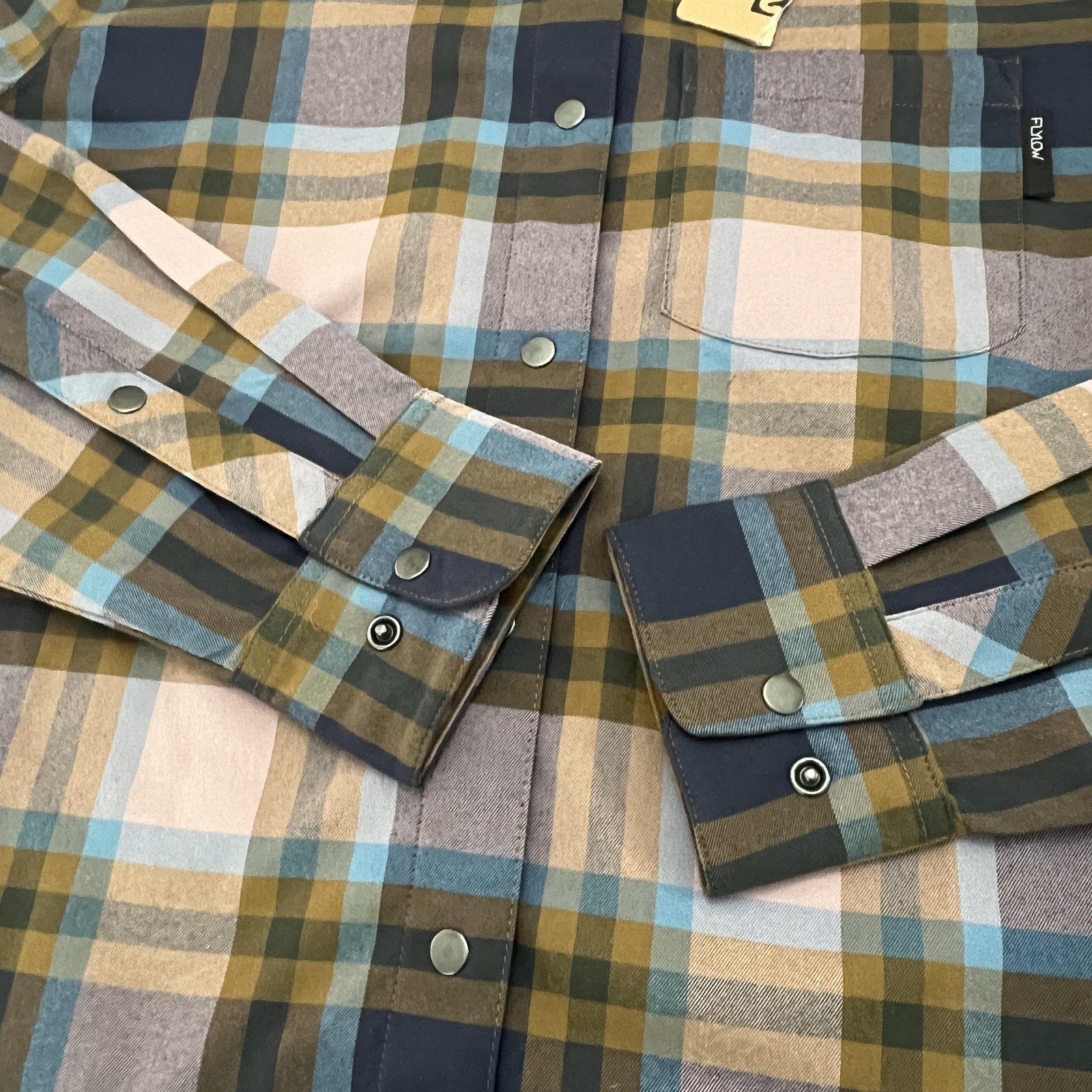 Flylow Brigitte Tech Flannel Shirt Womens Large RyePlaid Snap Button Up