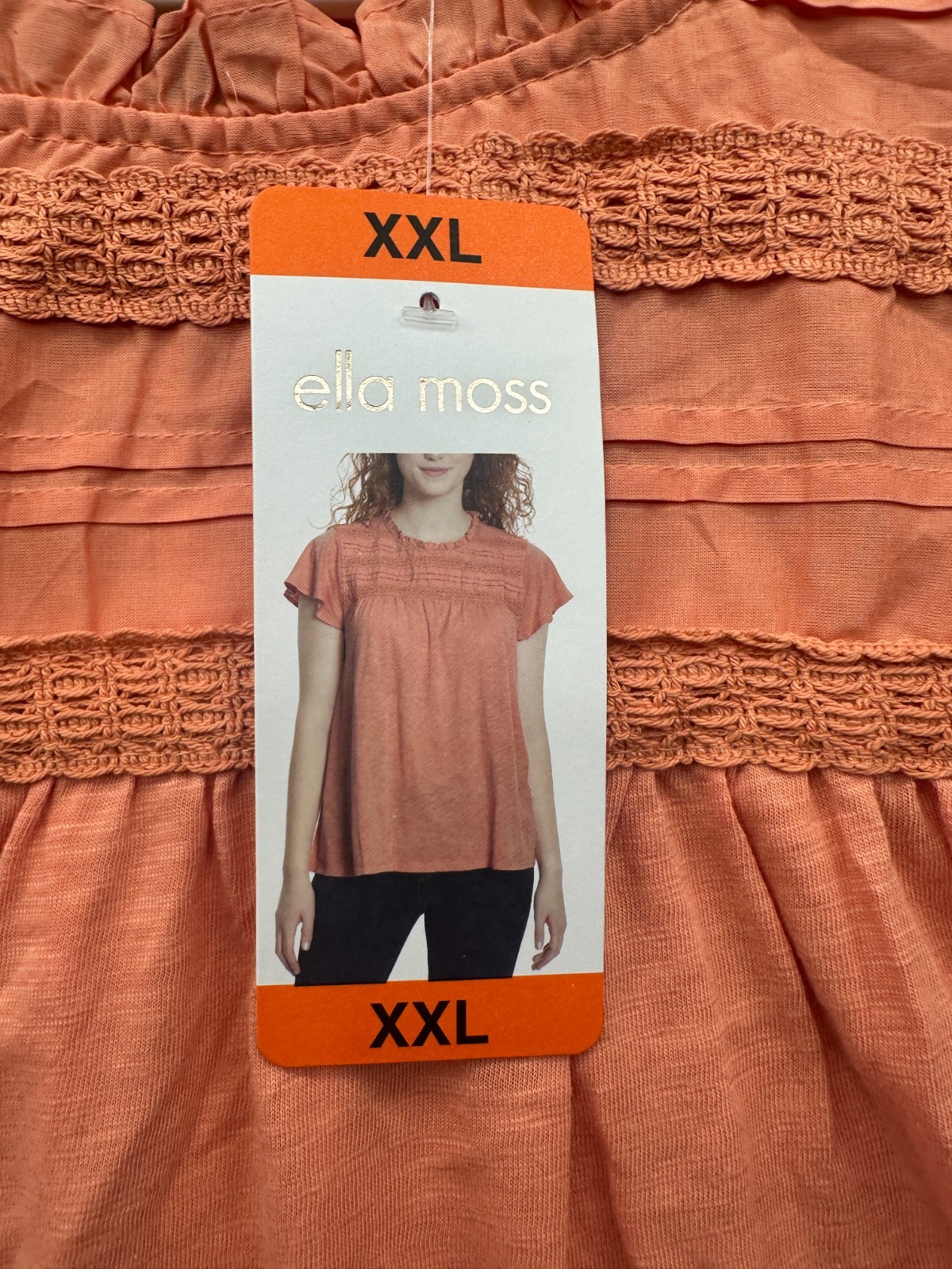 Ella Moss Blouse Top Womens 2XL Orange Lace Trim Knit Ruffle Neck Keyhole Back