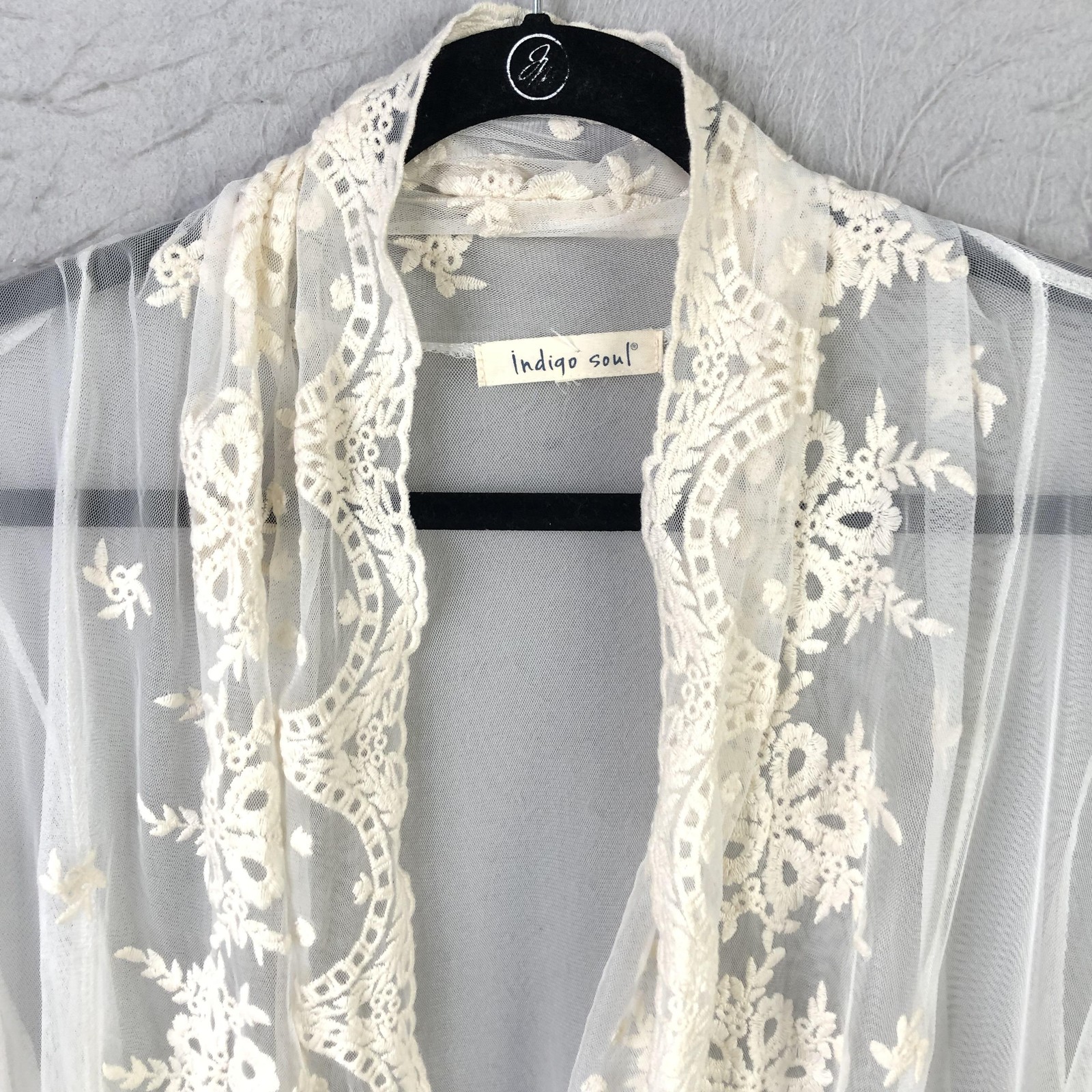 Indigo Soul Kimono Cardigan Womens Large White Sheer Lace Fairy Grunge Victorian