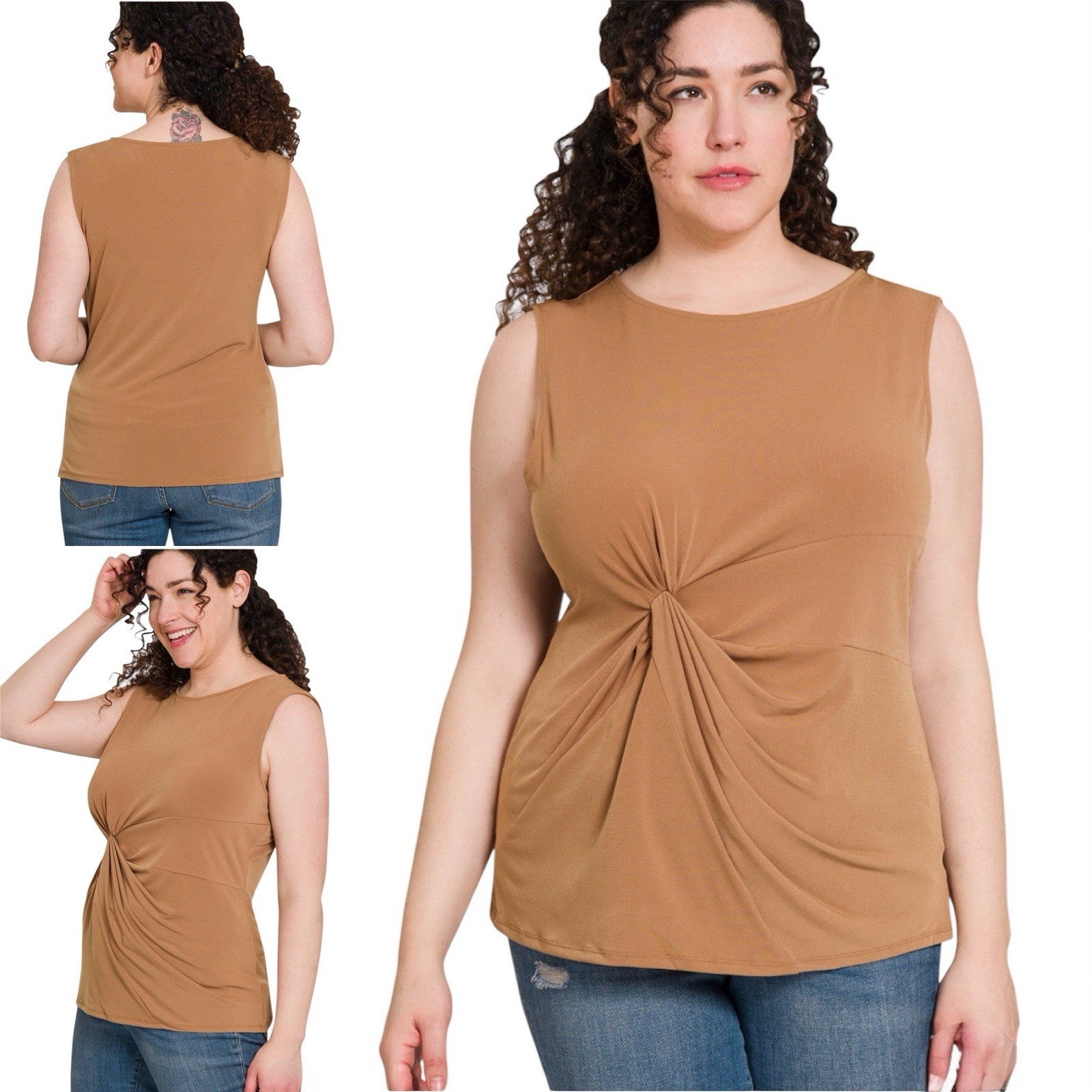 Zenana Women’s Size 2X ~ Deep Camel ITY Knot-Front Sleeveless Top Blouse