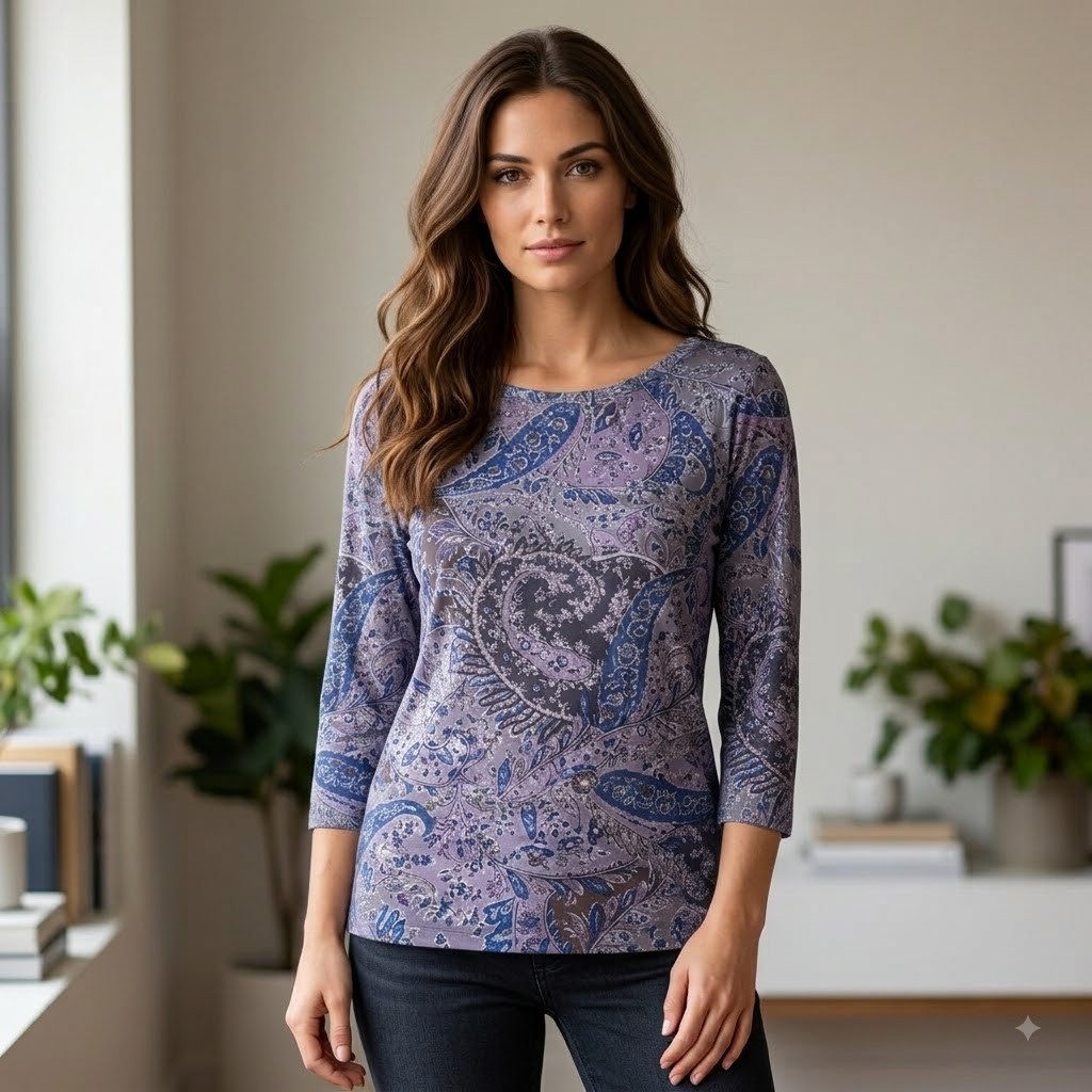 Coldwater Creek Blouse Womens M Blue Gray Purple Paisley Print Blouse