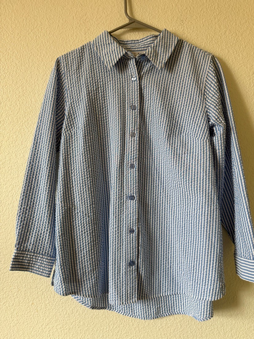 Joan Rivers Womens Seersucker Shirt Blue White Stripe Button Down SP