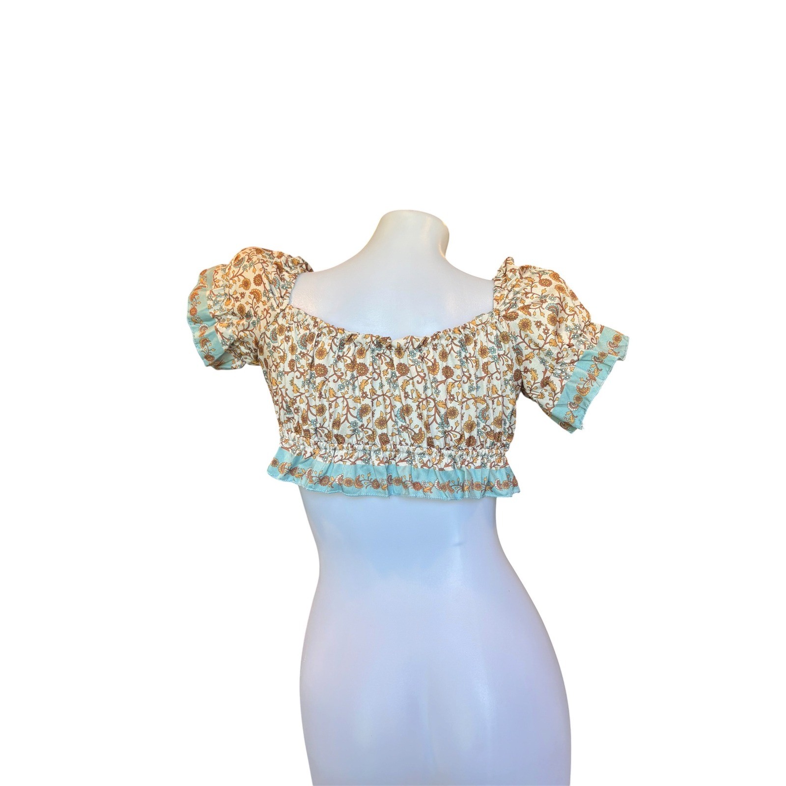 Boho Floral Smocked Crop Top Puff Sleeve Square Neck Ruffle Hem Blue Yellow
