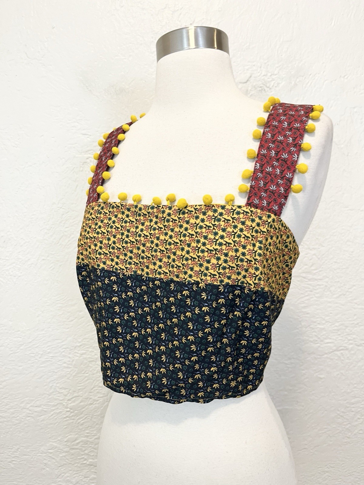 French Connection Cropped Top Mixed Floral Patchwork Pom Fringe Boho Large L