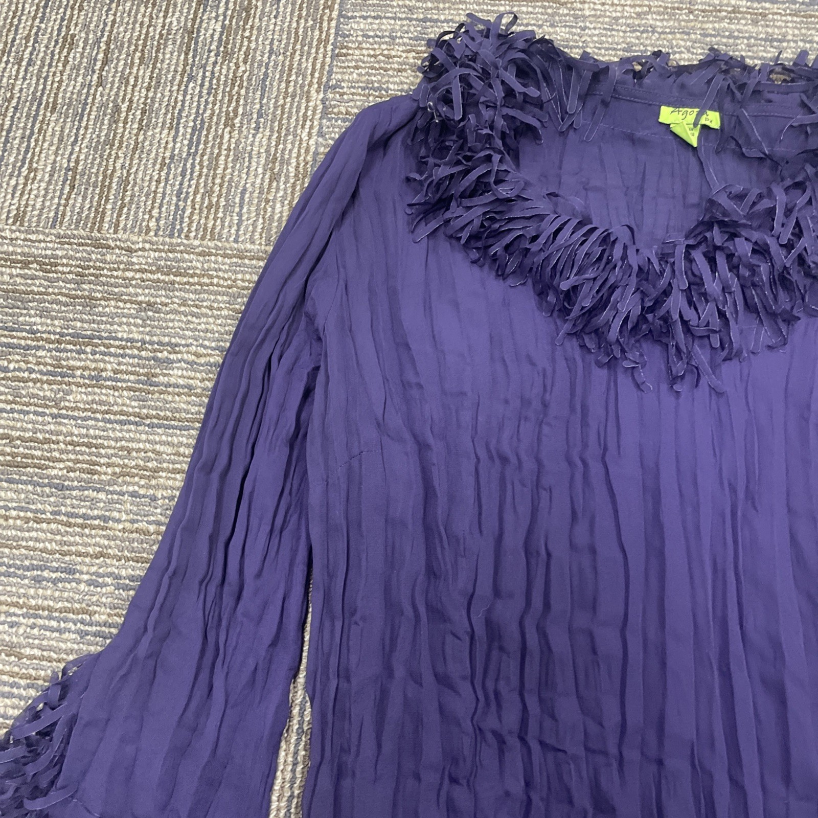 Agora Ladies Pleated Blouse Fringe Eggplant Purple 3/4 Sleeve Boho Luxe Petite M