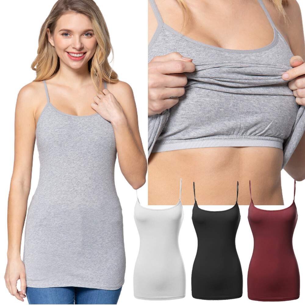 Long Cami With Built in Shelf Bra Adjustable Strap Women Layering Basic Tank Top