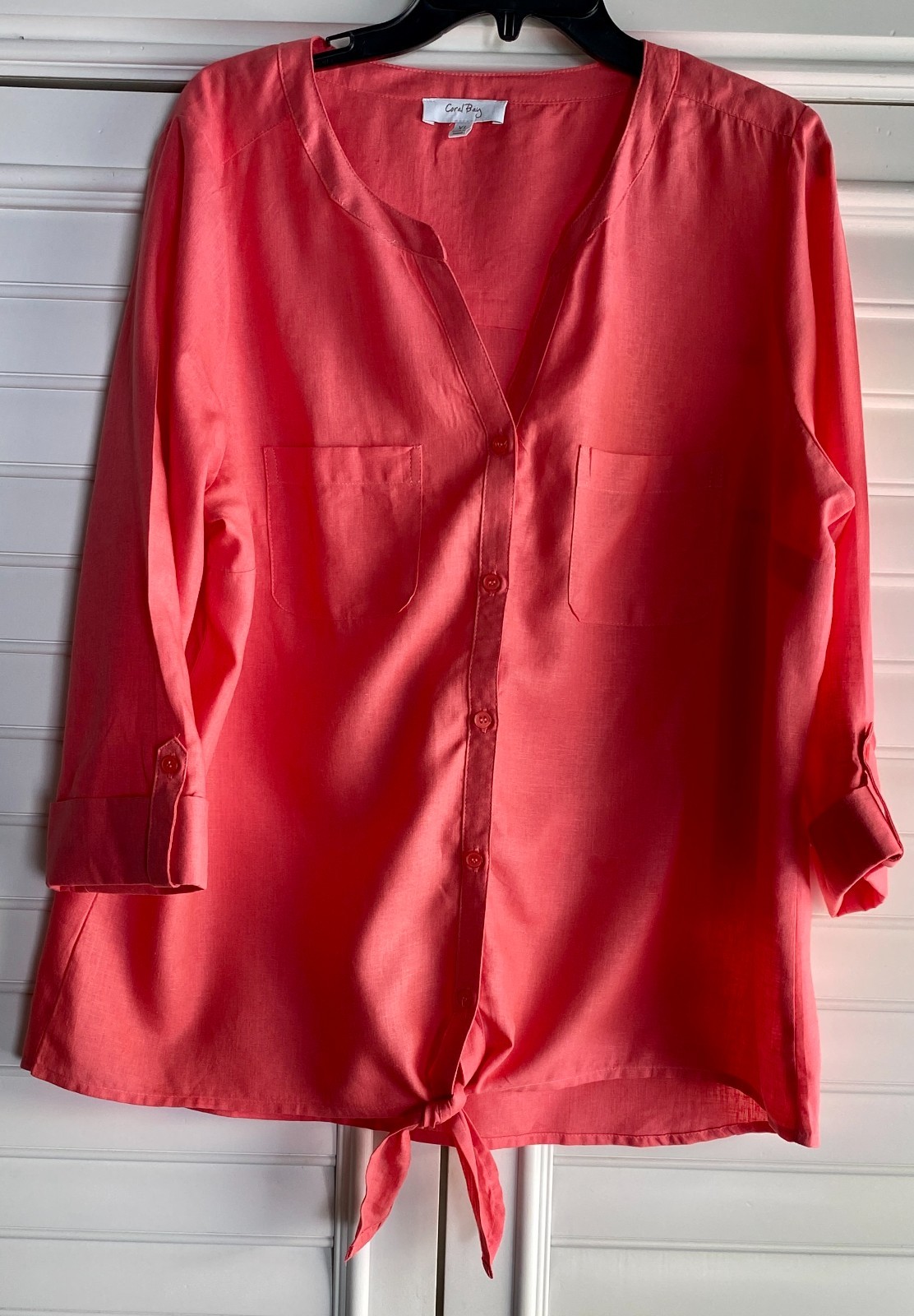 Coral Bay Coral Womens Linen Blend Light Weight Blouse with Button Tie Detail XL