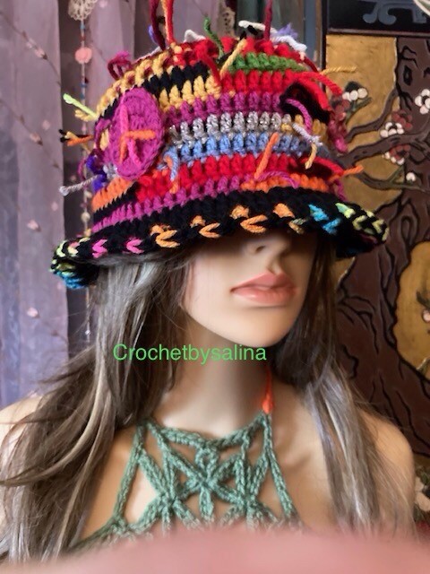 Bucket Peace Crochet hat Colorful Boho Chic Hippie Festival 6 Crochetbysalina