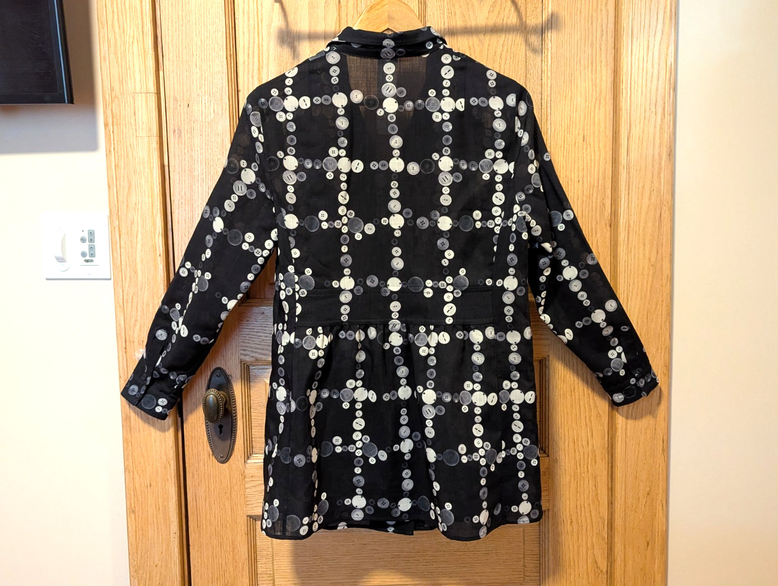 $800 Akris Punto sz 8-10 Wool Button Print Blouse Tunic Top Long Mandarin Snap